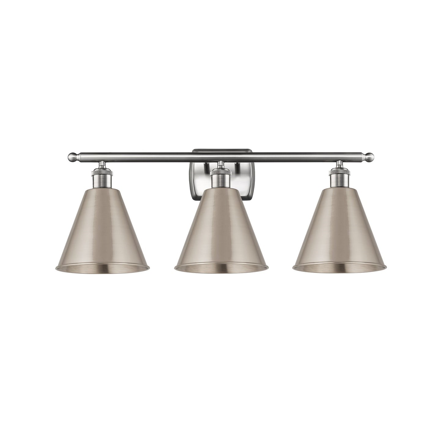 Innovations Berkshire 28in 3-Light Bath Vanity Light | Industrial Farmhouse Brushed Satin Nickel Steel and Metal Shade | Model 516-3W-SN-MBC-8-SN-LED