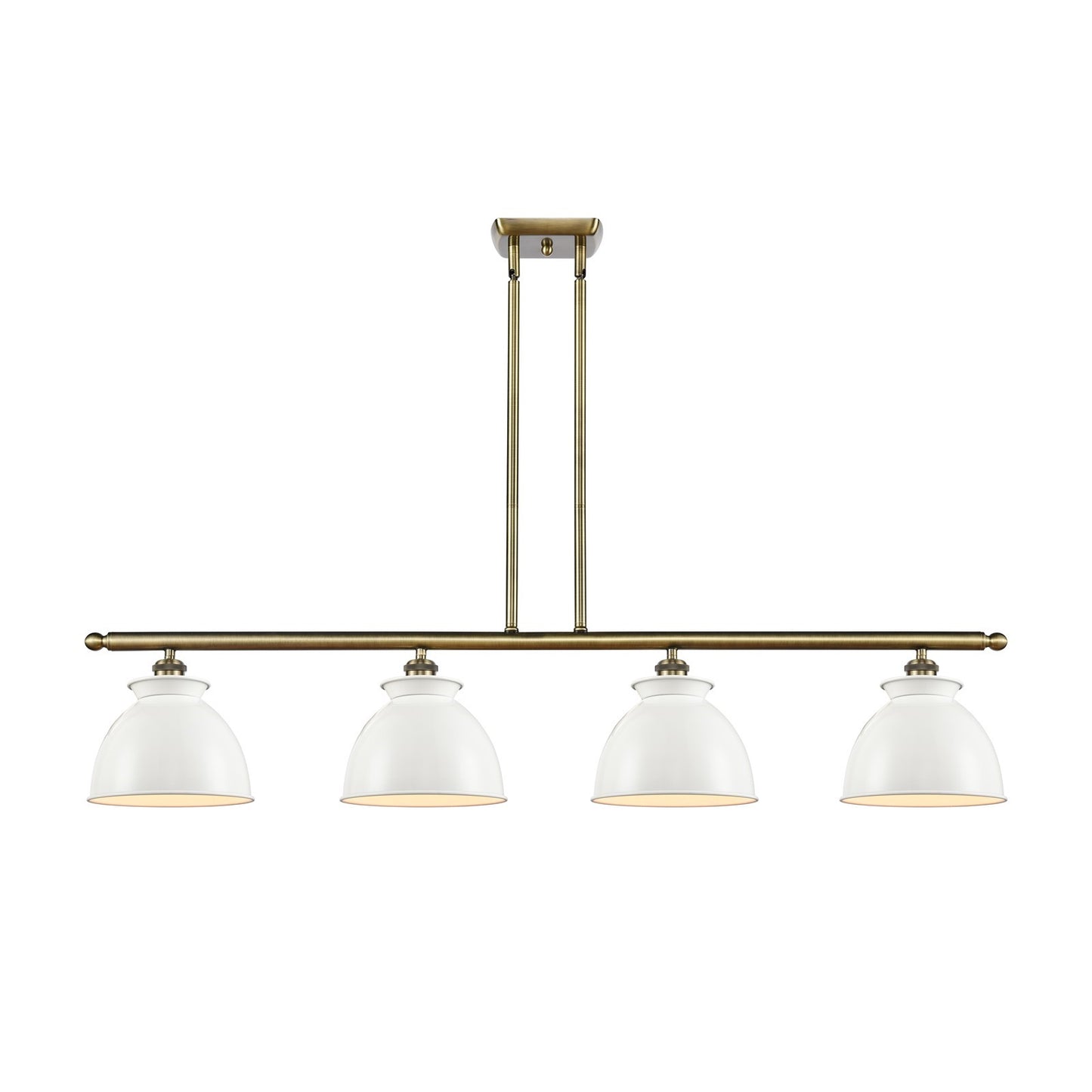 Innovations Adirondack 48in 4-Light Island Light | Industrial Farmhouse Antique Brass Steel and Glossy White Metal Shade | Model 516-4I-AB-M14-W-LED