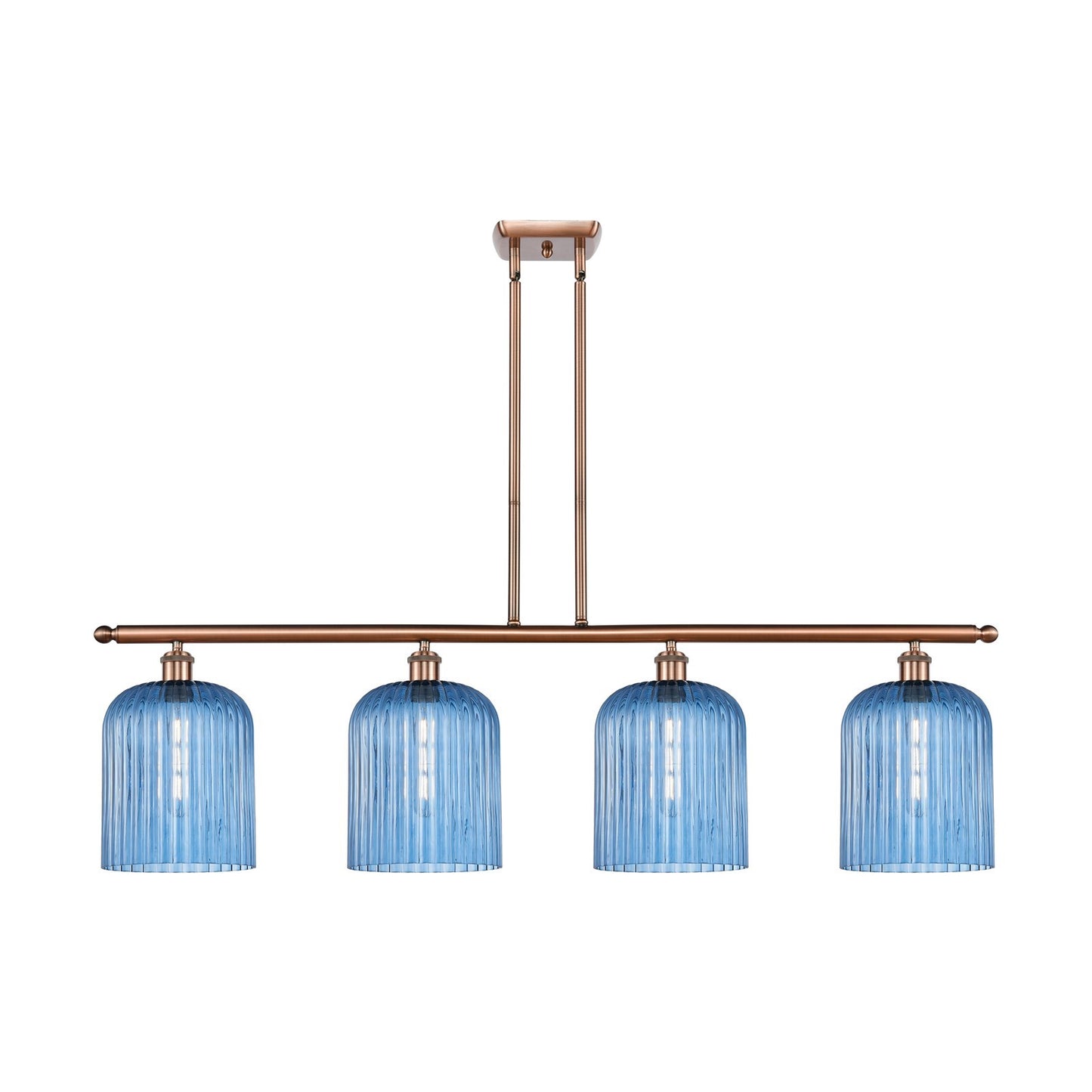 Innovations Bridal Veil 48in 4-Light Island Light | Art Nouveau Industrial Antique Copper Steel and Princess Blue Ribbed Glass | Model 516-4I-AC-G559-8BL