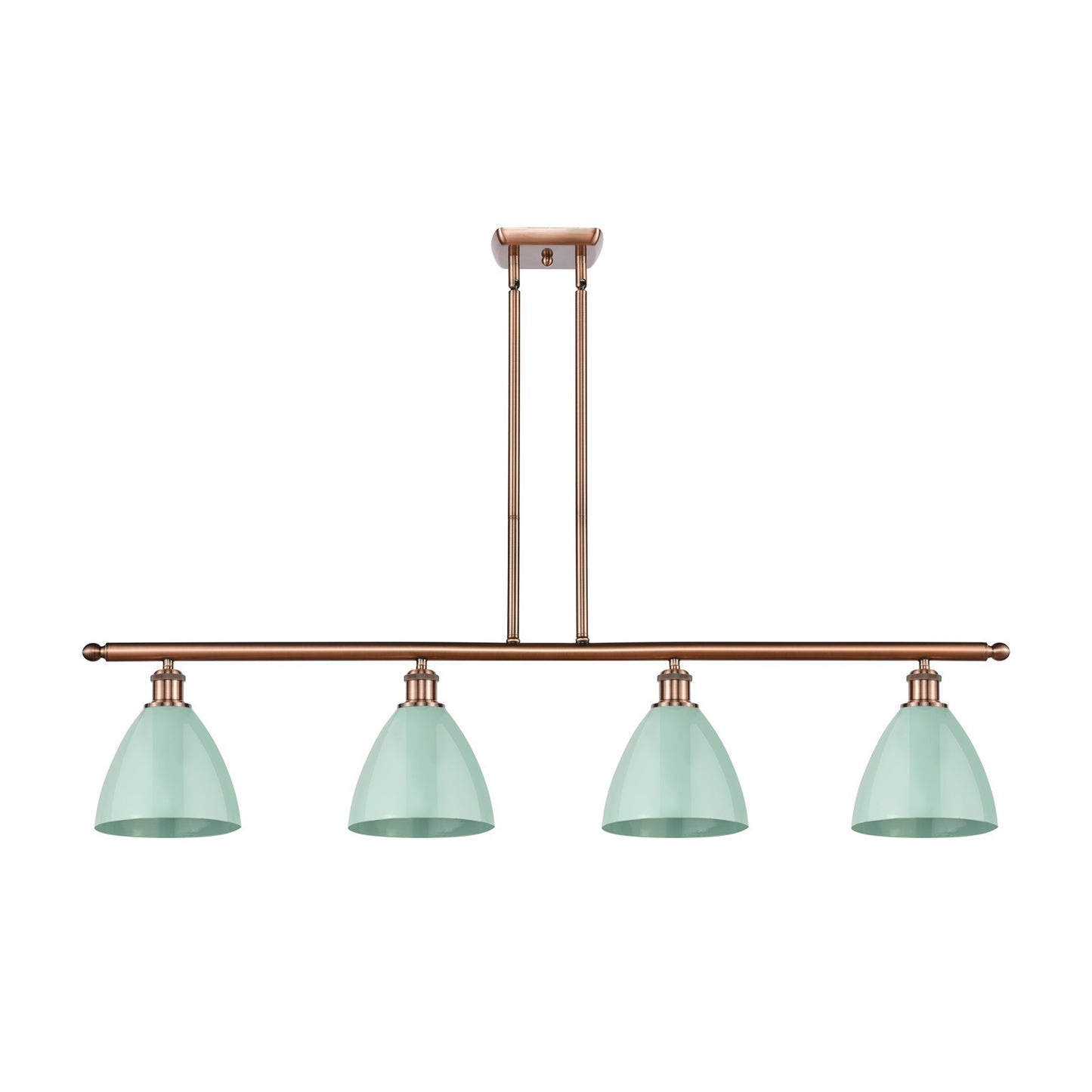 Innovations Plymouth 48in 4-Light Island Light | Industrial Antique Copper Steel and Matte Seafoam Metal Shade | Kitchen | Model 516-4I-AC-MBD-75-SF-LED