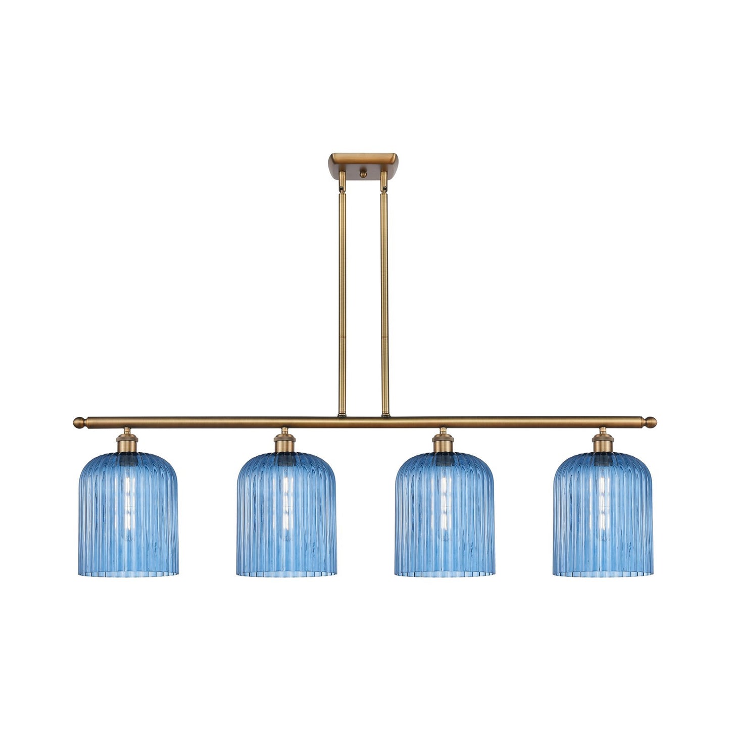 Innovations Bridal Veil 48in 4-Light Island Light | Art Nouveau Brushed Brass and Princess Blue Ribbed Glass | Kitchen Island & | Model 516-4I-BB-G559-8BL