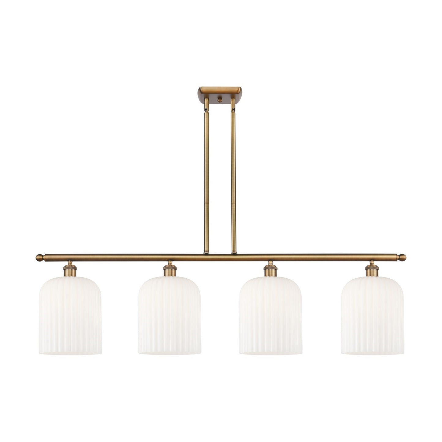 Innovations Bridal Veil 48in 4-Light Island Light | Art Nouveau Brushed Brass and Gloss White Ribbed Glass | Kitchen Island & | Model 516-4I-BB-G559-8GWH