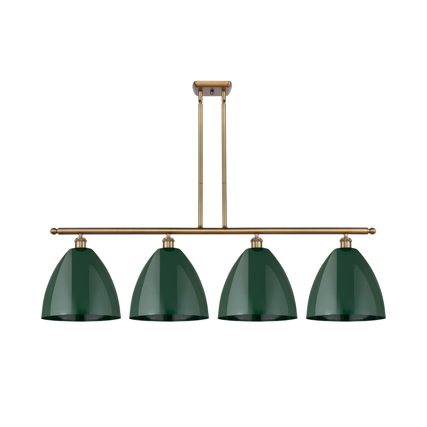 Innovations Plymouth 50in 4-Light Island Light | Industrial Farmhouse Brushed Brass and Matte Green Metal Shade | Kitchen | Model 516-4I-BB-MBD-12-GR-LED