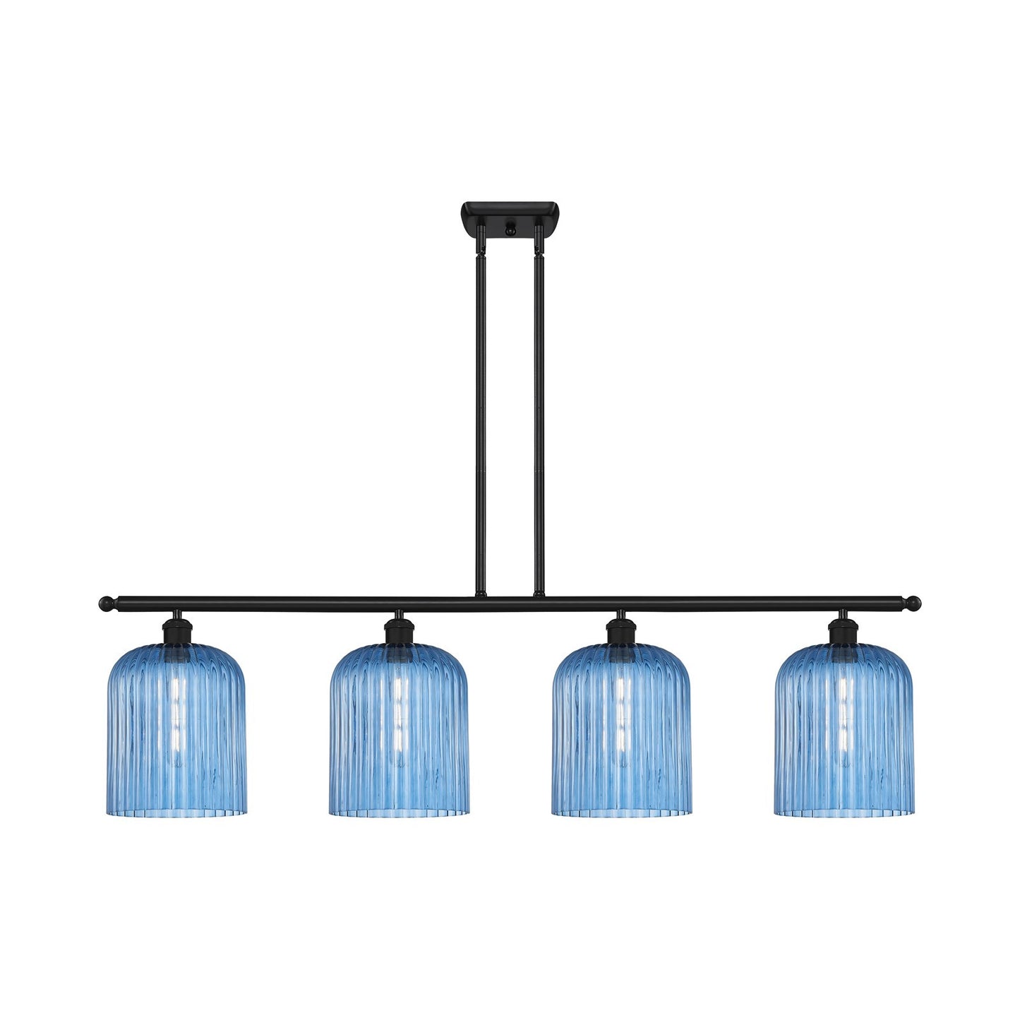 Innovations Bridal Veil 48in 4-Light Island Light | Art Nouveau Matte Black Steel and Princess Blue Ribbed Glass | Kitchen | Model 516-4I-BK-G559-8BL