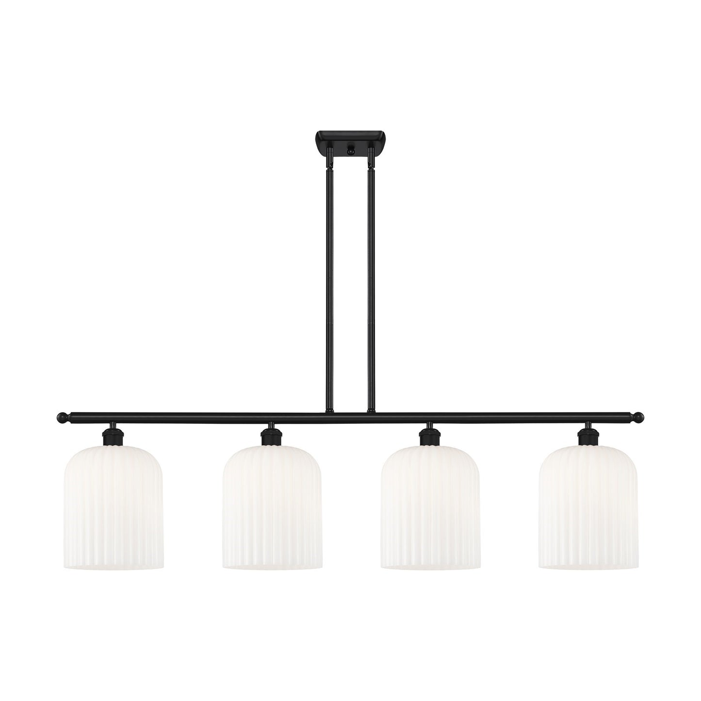 Innovations Bridal Veil 48in 4-Light Island Light | Art Nouveau Matte Black Steel and Gloss White Ribbed Glass | Kitchen | Model 516-4I-BK-G559-8GWH