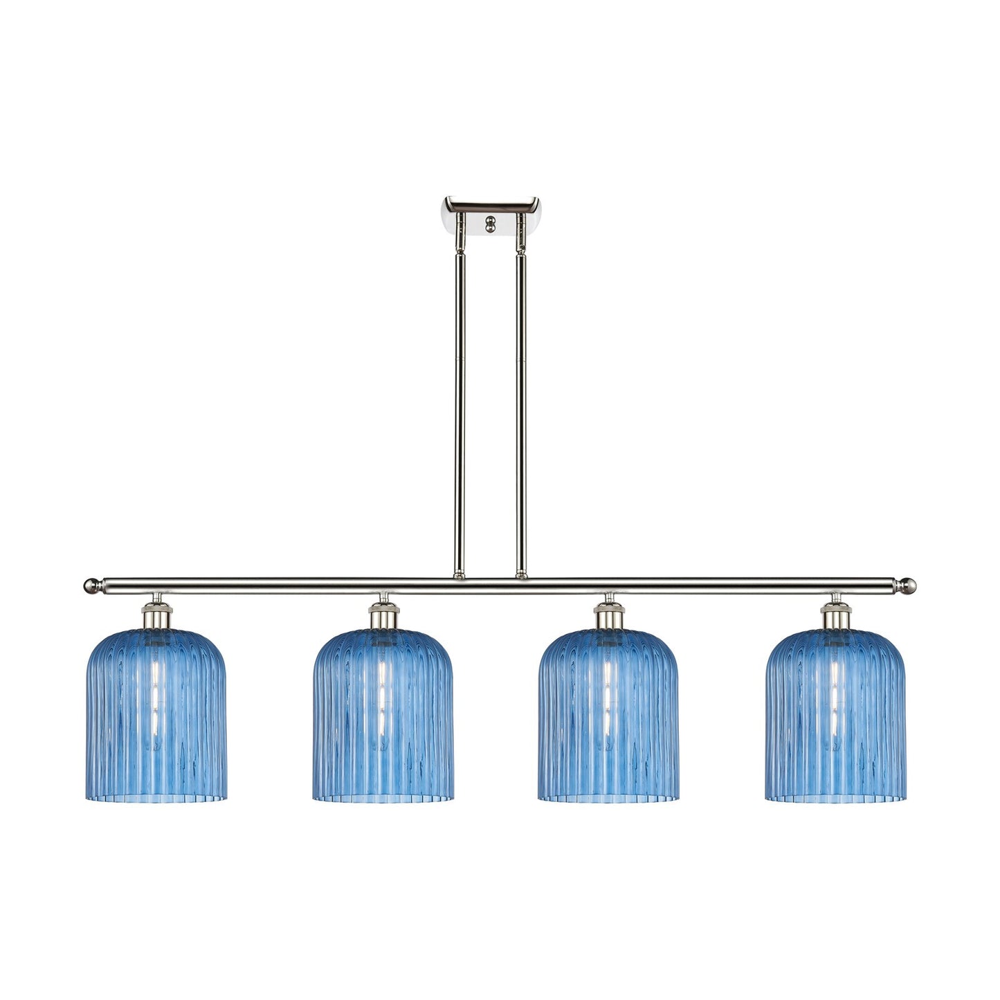 Innovations Bridal Veil 48in 4-Light Island Light | Art Nouveau Polished Nickel Steel and Princess Blue Ribbed Glass | Kitchen | Model 516-4I-PN-G559-8BL