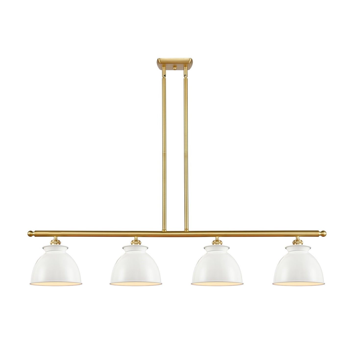 Innovations Adirondack 48in 4-Light Island Light | Industrial Farmhouse Satin Gold Steel and Glossy White Metal Shade | Model 516-4I-SG-M14-W-LED