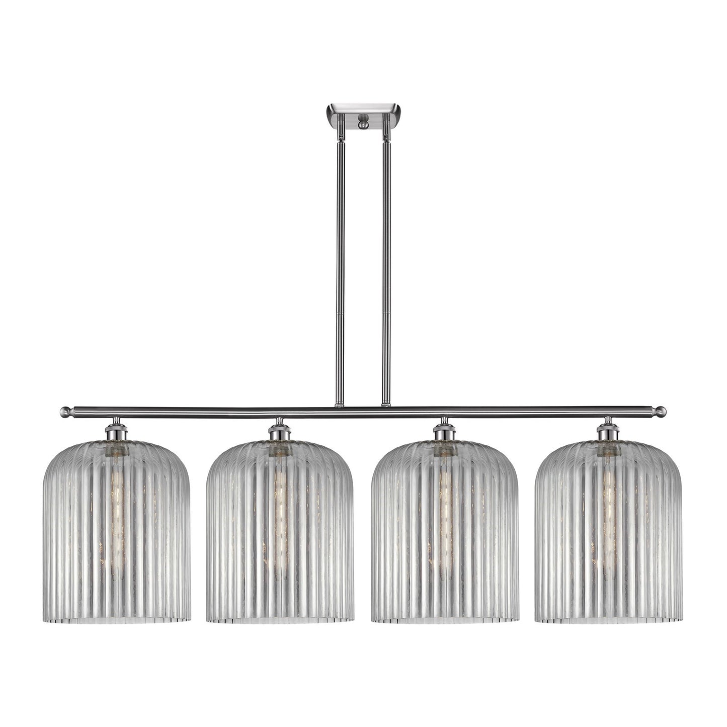 Innovations Bridal Veil 48in 4-Light Island Light | Art Nouveau Brushed Satin Nickel and Light Smoke Ribbed Glass | Kitchen | Model 516-4I-SN-G559-12SM