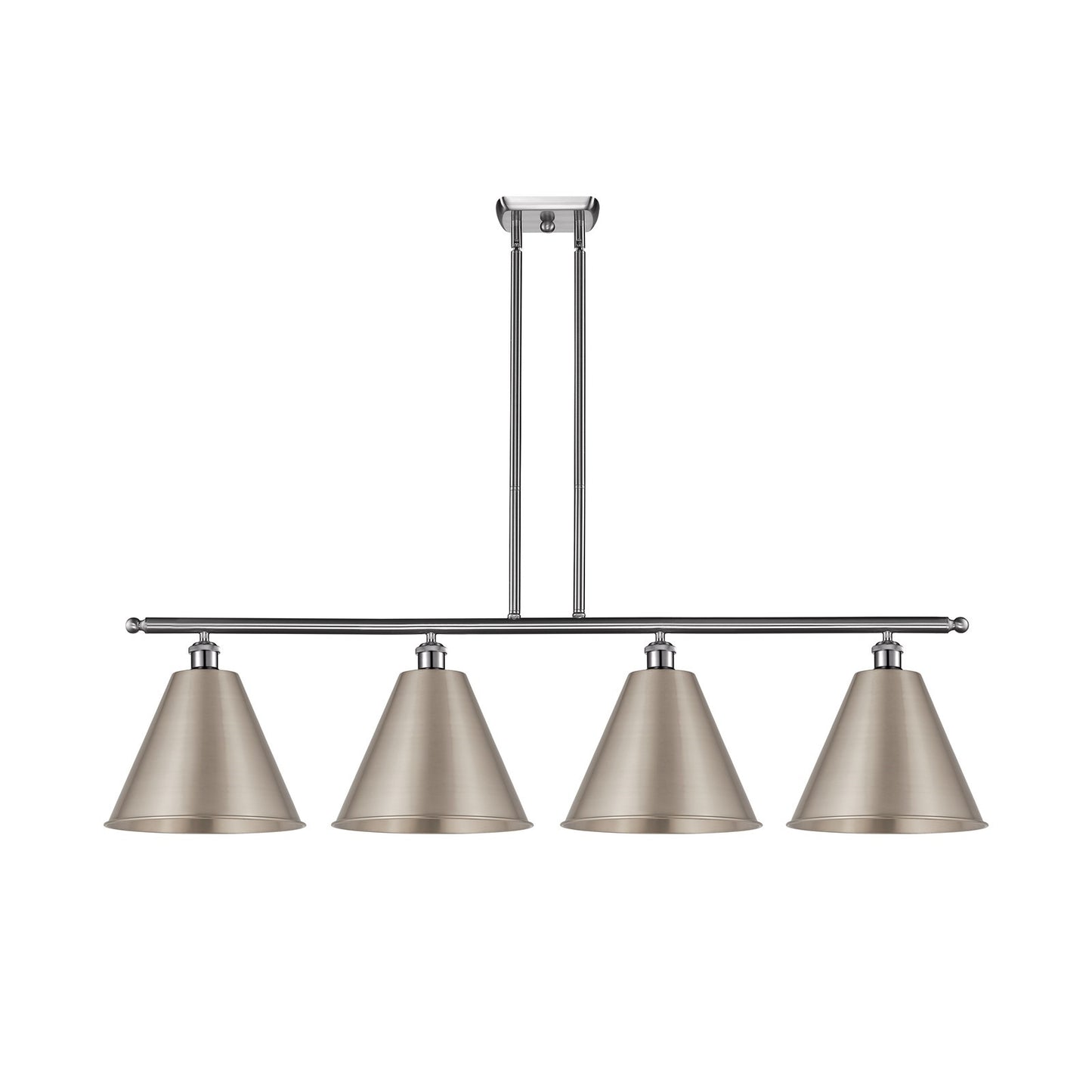 Innovations Berkshire 50in 4-Light Island Light | Industrial Farmhouse Brushed Satin Nickel Steel and Cast Brass Metal Cone | Model 516-4I-SN-MBC-12-SN