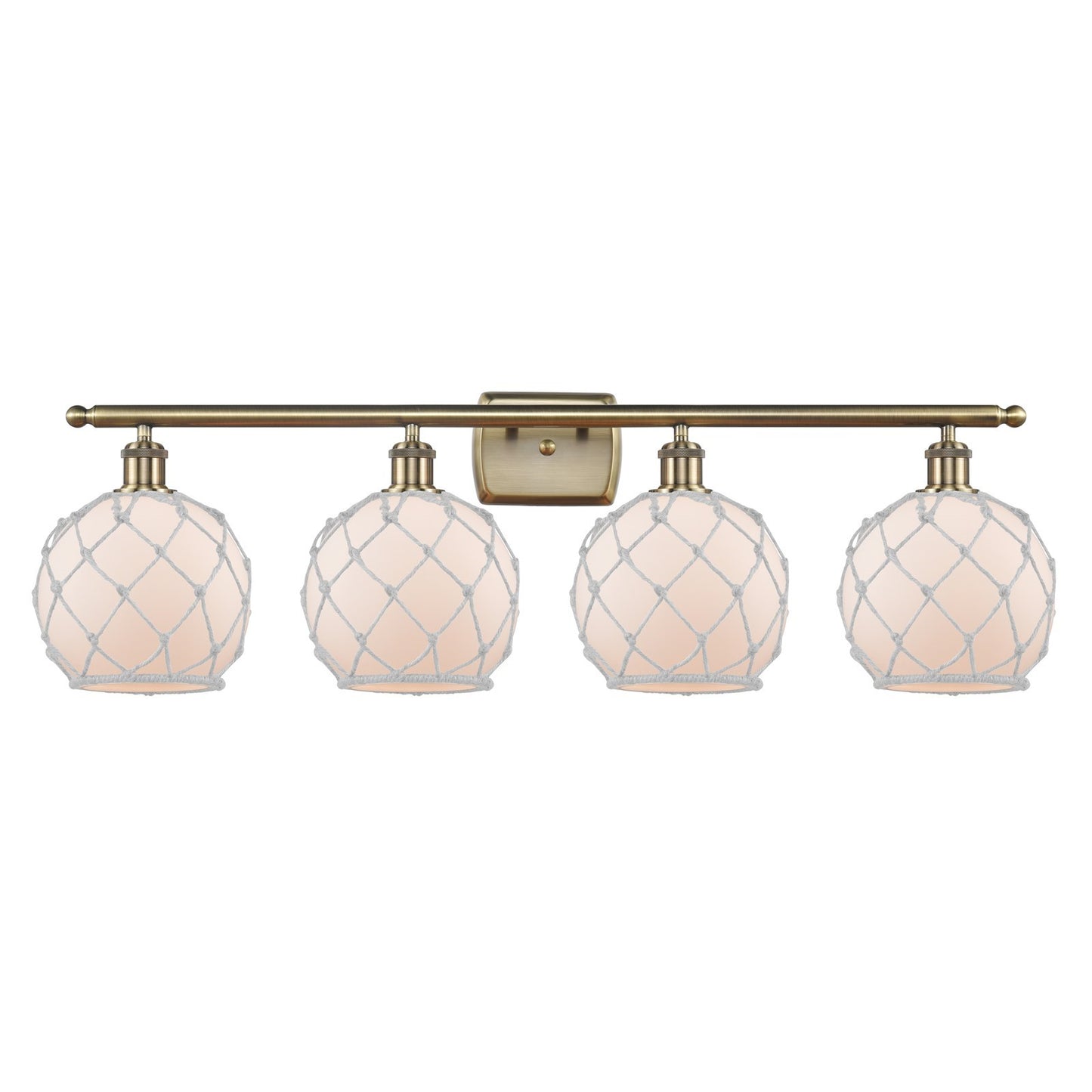 Innovations Farmhouse Rope 38in 4-Light Bath Vanity Light | Industrial Antique Brass Steel and White Frosted Glass with Rope | Model 516-4W-AB-G121-8RW