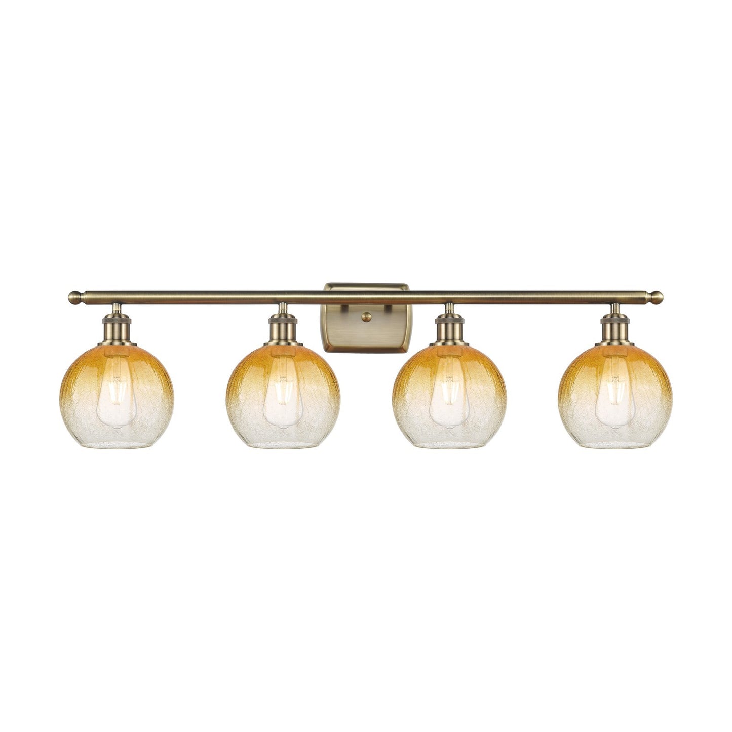 Innovations Brookhaven Globe 38in 4-Light Bath Vanity Light | Industrial Antique Brass and Amber Glass | Bathroom Vanity | Model 516-4W-AB-G483-8AM