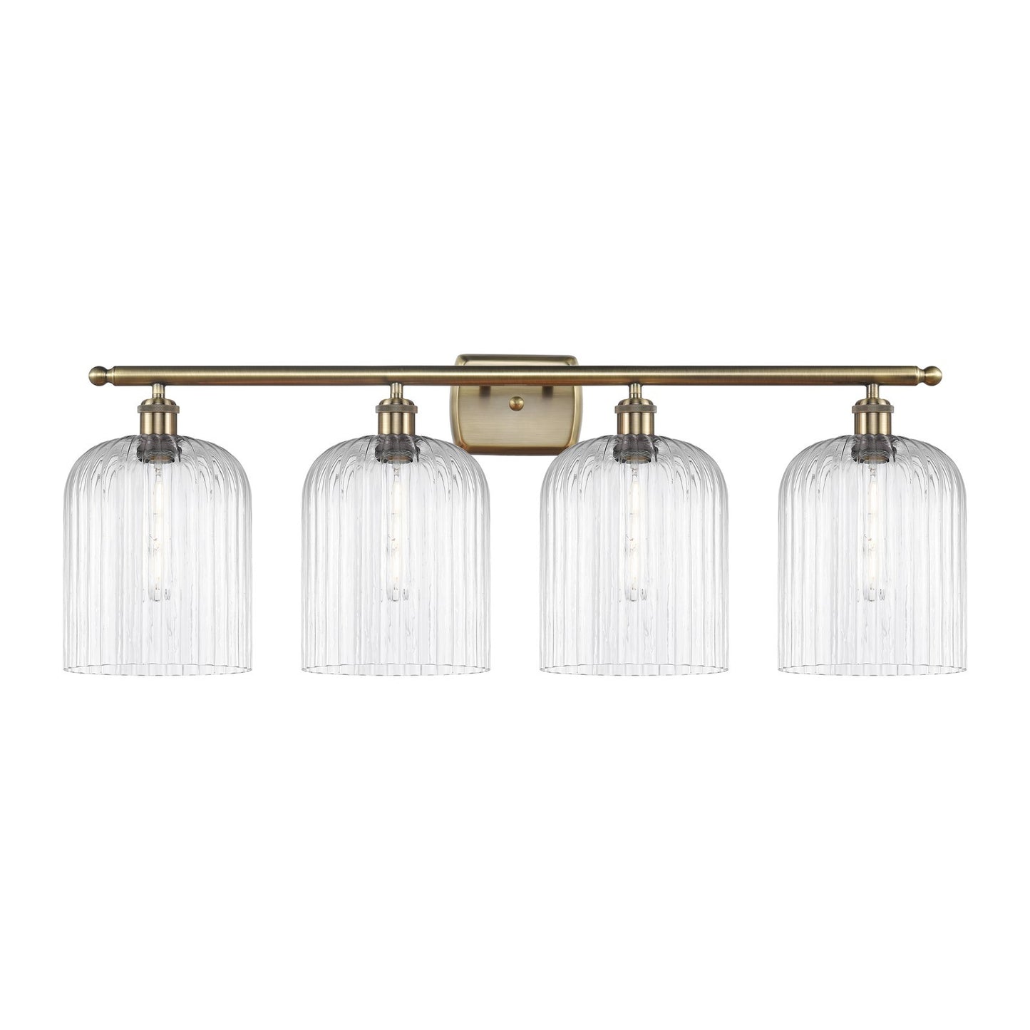 Innovations Bridal Veil 35in 4-Light Bath Vanity | Art Nouveau Industrial Antique Brass and Clear Ribbed Glass | Bathroom | Model 516-4W-AB-G559-8CL