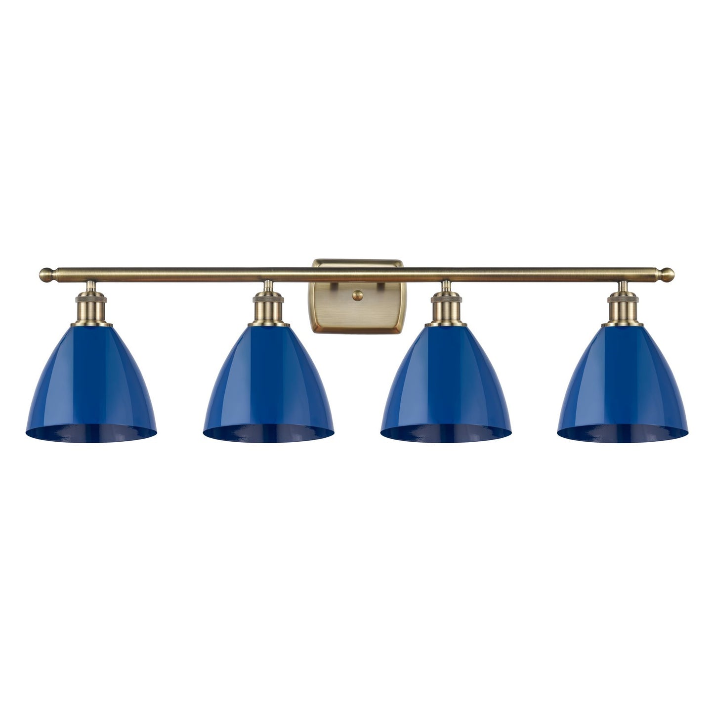 Innovations Plymouth 38in 4-Light Bath Vanity | Industrial Farmhouse Antique Brass Steel and Matte Blue Metal Shade | Bathroom | Model 516-4W-AB-MBD-75-BL