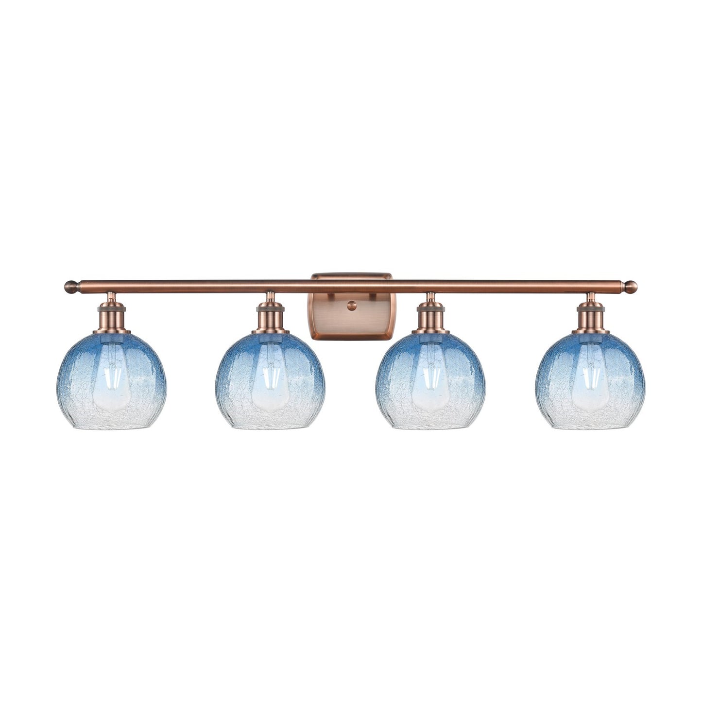 Innovations Brookhaven Globe 38in 4-Light Bath Vanity Light | Industrial Antique Copper Steel and Sapphire Blue Glass | Model 516-4W-AC-G483-8SB