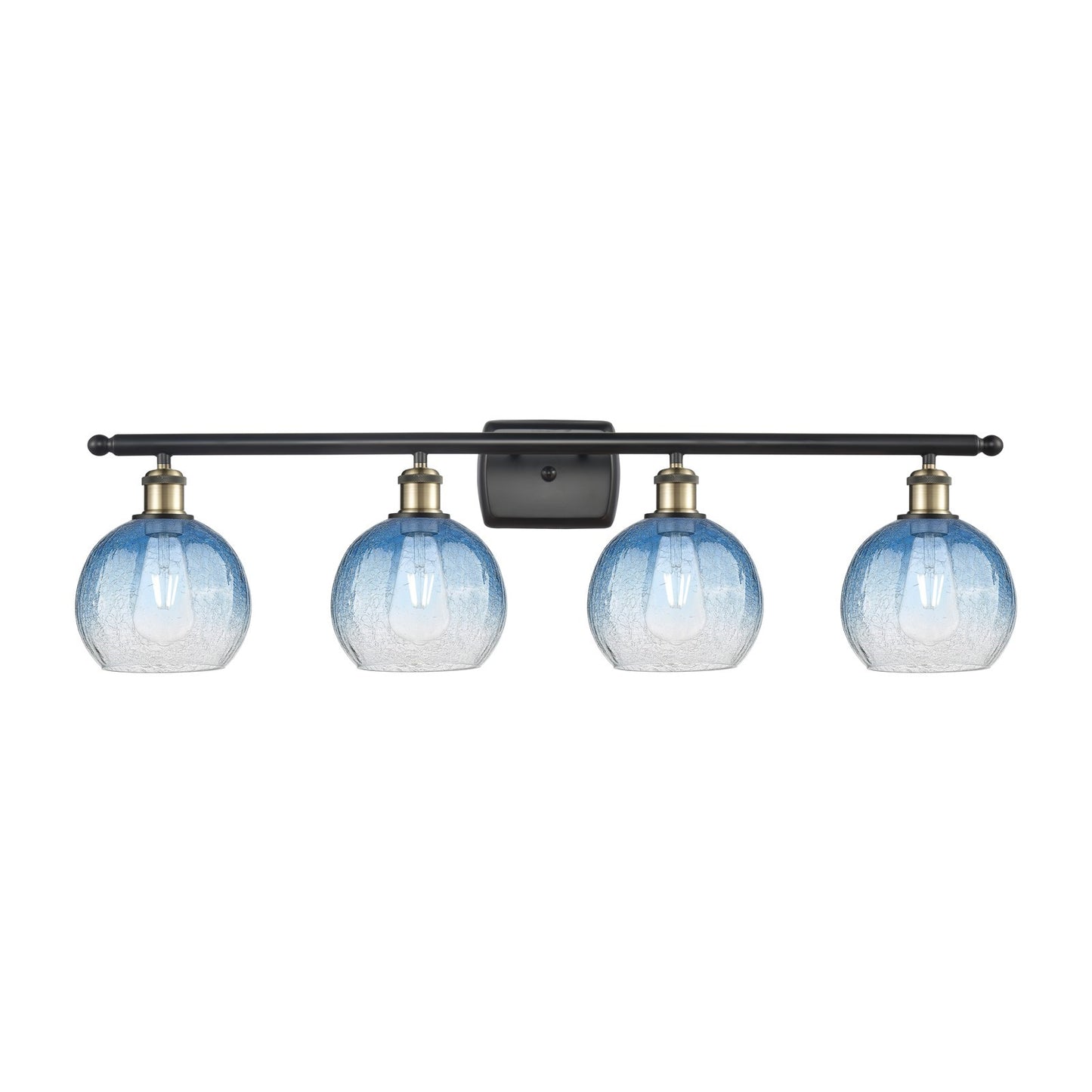 Innovations Brookhaven Globe 38in 4-Light Bath Vanity Light | Industrial Black Antique Brass and Sapphire Blue Glass | Model 516-4W-BAB-G483-8SB