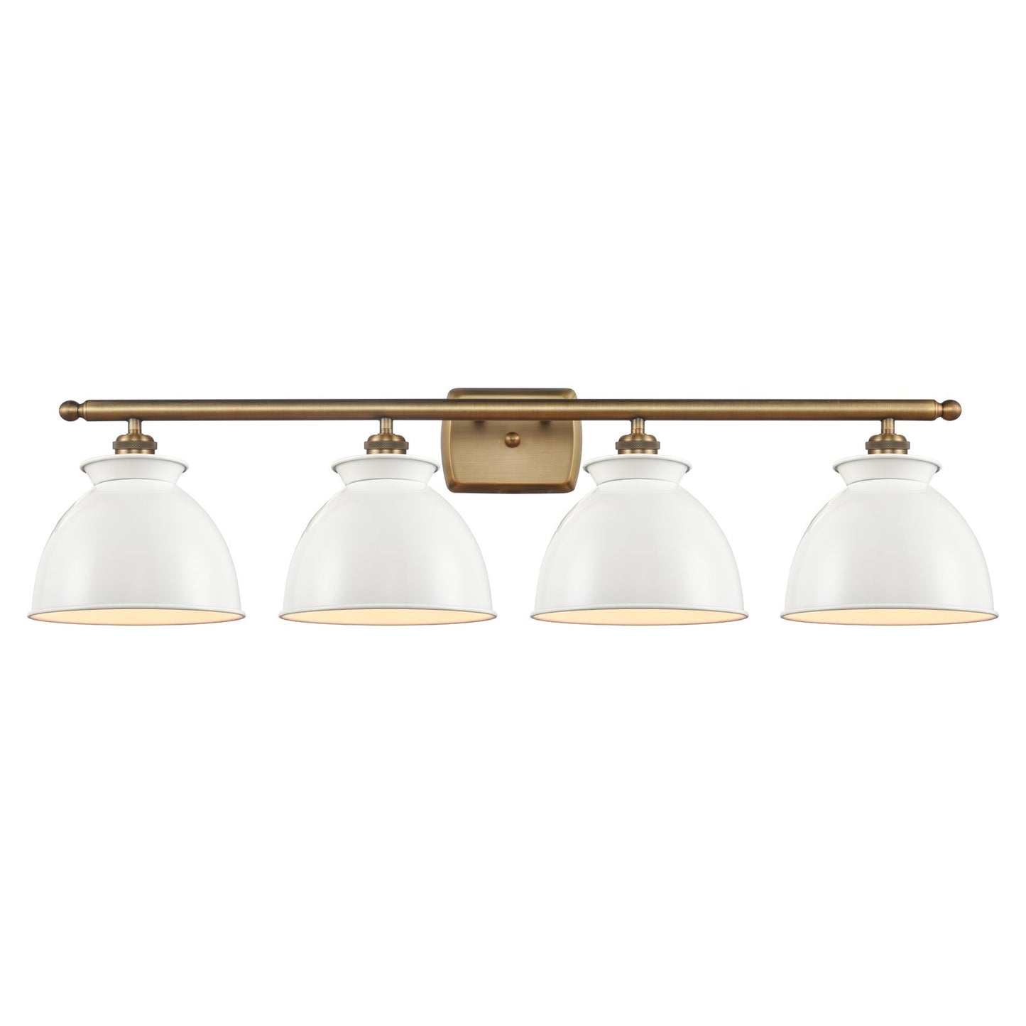 Innovations Adirondack 38in 4-Light Bath Vanity | Industrial Farmhouse Brushed Brass and Glossy White Metal Shade | Bathroom | Model 516-4W-BB-M14-W