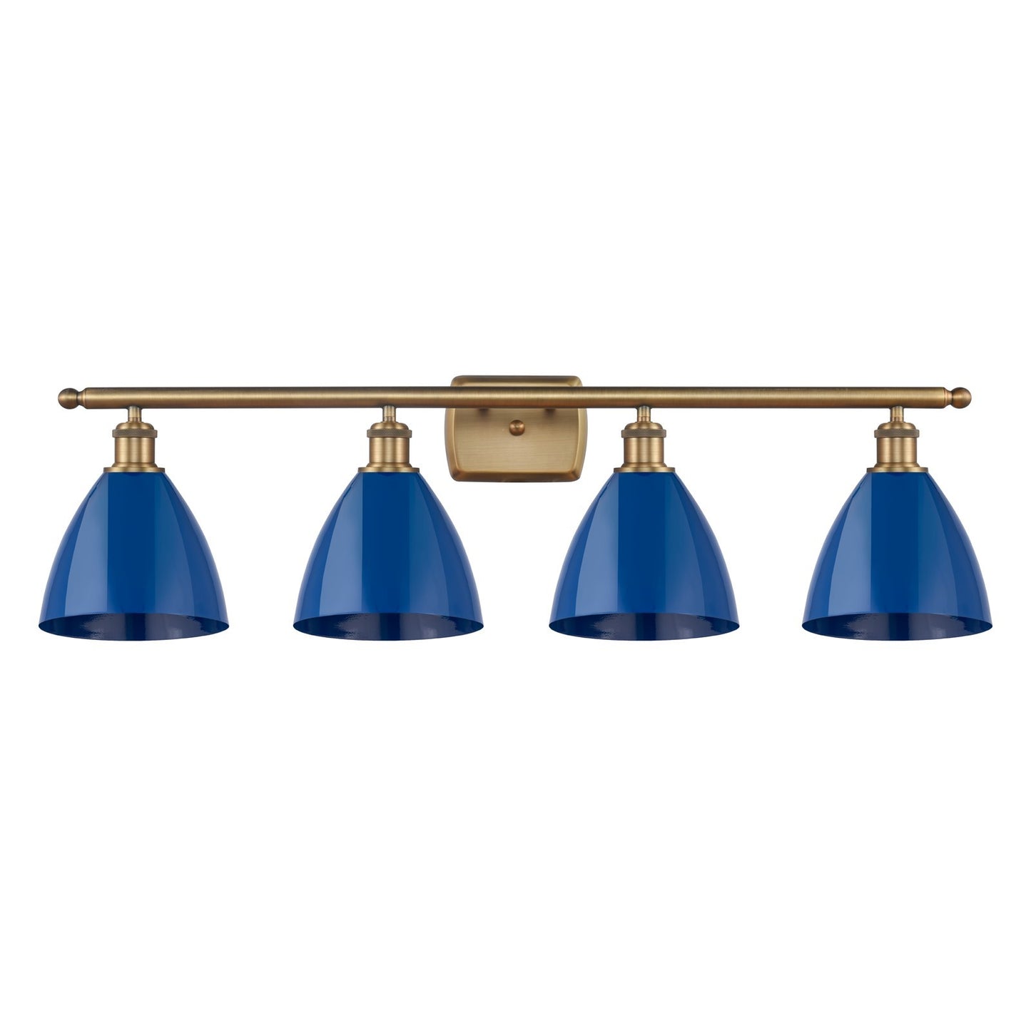 Innovations Plymouth 38in 4-Light Bath Vanity | Industrial Farmhouse Brushed Brass and Matte Blue Metal Shade | Bathroom | Model 516-4W-BB-MBD-75-BL-LED
