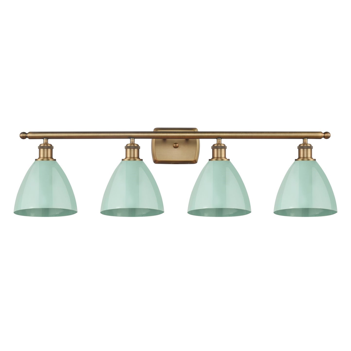 Innovations Plymouth 38in 4-Light Bath Vanity | Industrial Farmhouse Brushed Brass and Matte Seafoam Metal Shade | Bathroom | Model 516-4W-BB-MBD-75-SF