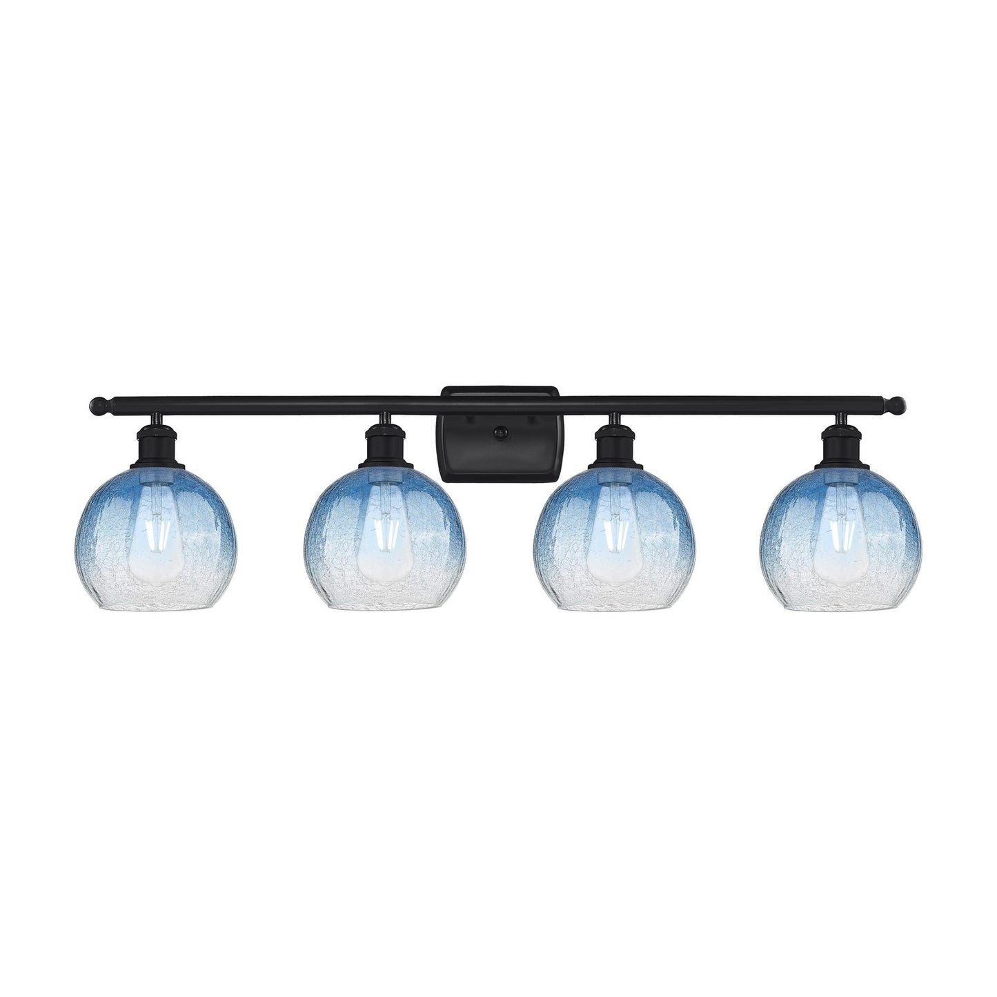 Innovations Brookhaven Globe 38in 4-Light Bath Vanity | Industrial Matte Black Steel and Sapphire Blue Glass | Bathroom Vanity | Model 516-4W-BK-G483-8SB