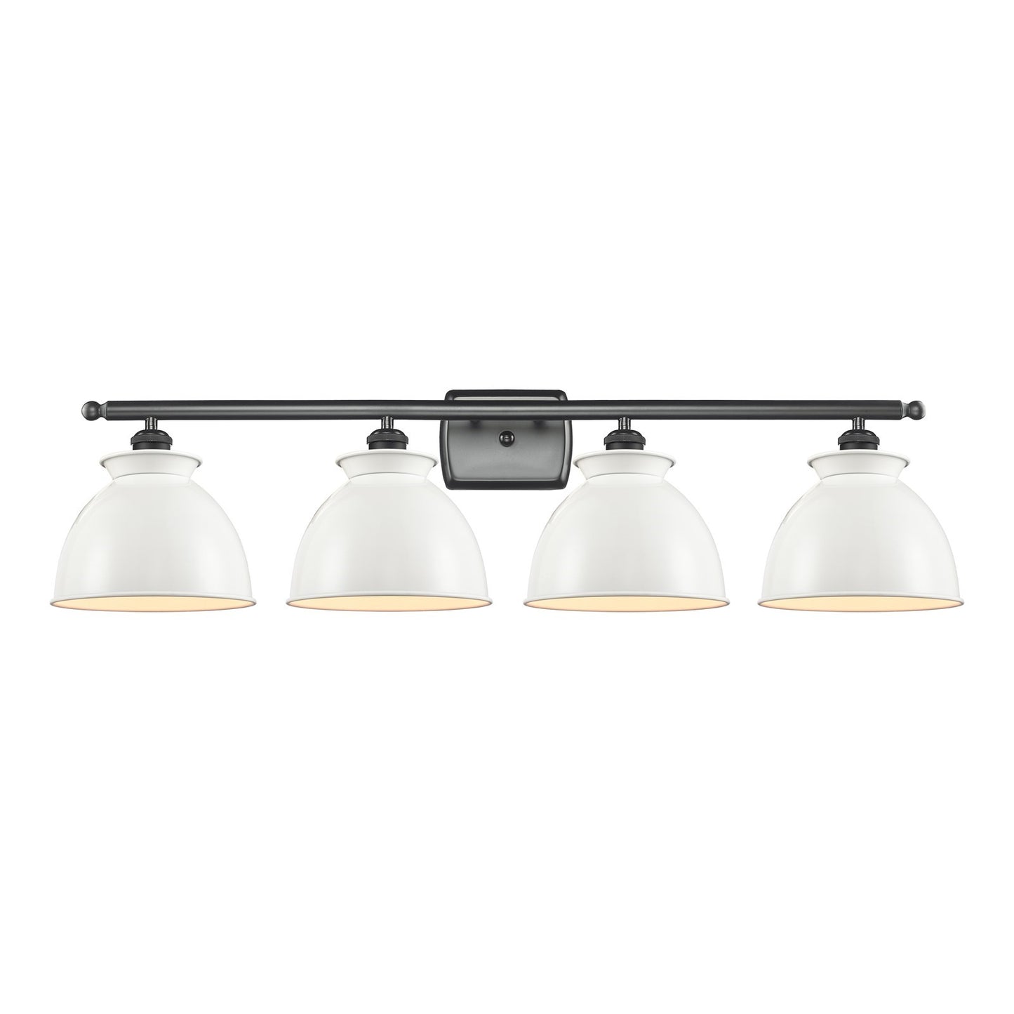 Innovations Adirondack 38in 4-Light Bath Vanity | Industrial Farmhouse Matte Black Steel and Glossy White Metal Shade | Model 516-4W-BK-M14-W-LED