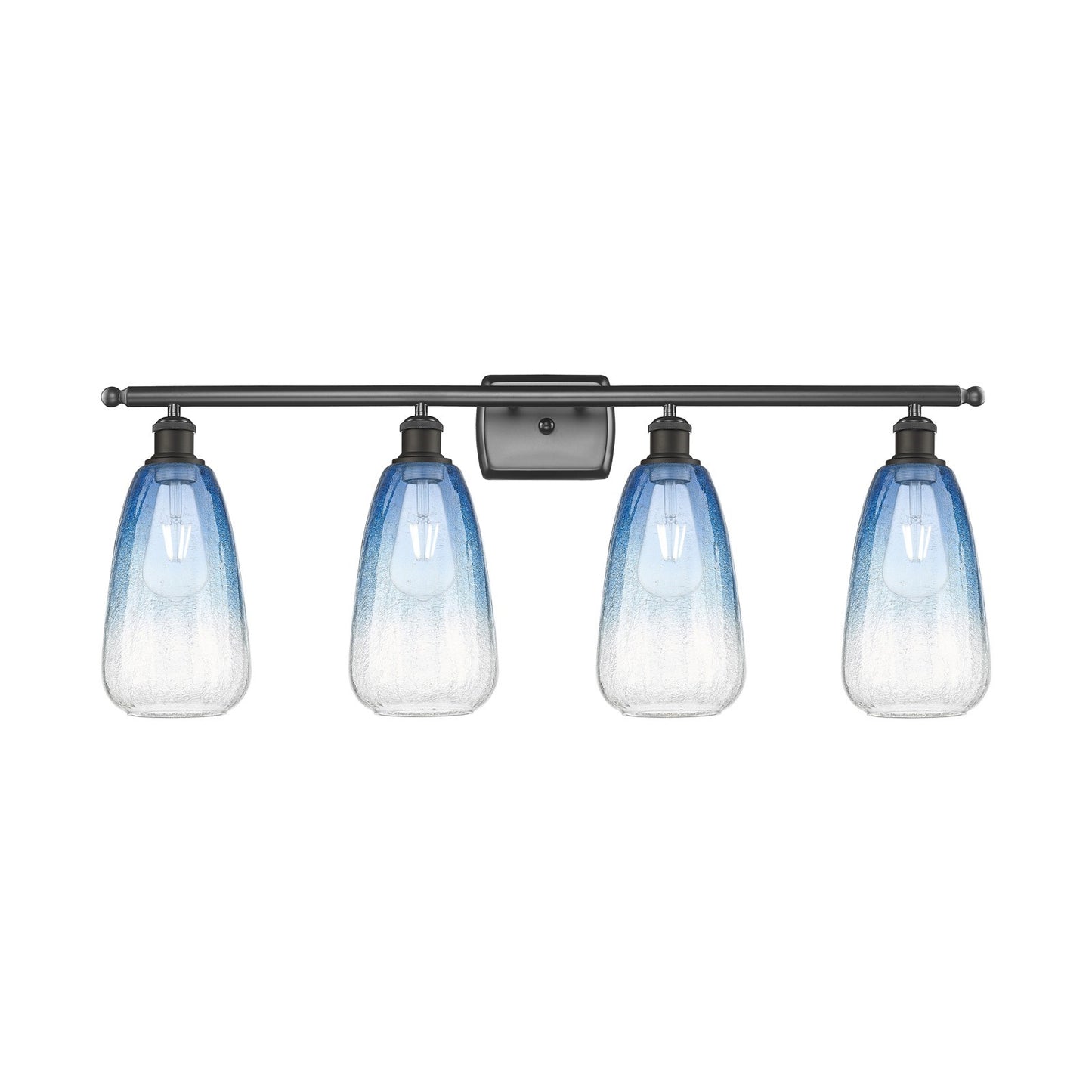 Innovations Brookhaven Almond 36in 4-Light Bath Vanity Light | Industrial Oil Rubbed Bronze Steel and Sapphire Blue Glass | Model 516-4W-OB-G480-6SB