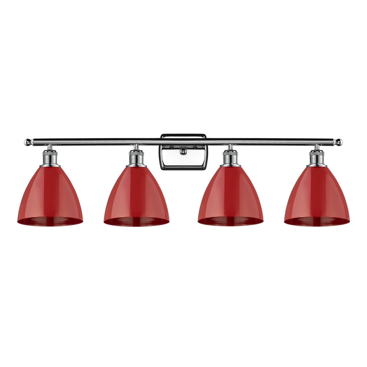 Innovations Plymouth 38in 4-Light Bath Vanity | Industrial Farmhouse Polished Chrome and Matte Red Metal Shade | Bathroom | Model 516-4W-PC-MBD-75-RD-LED
