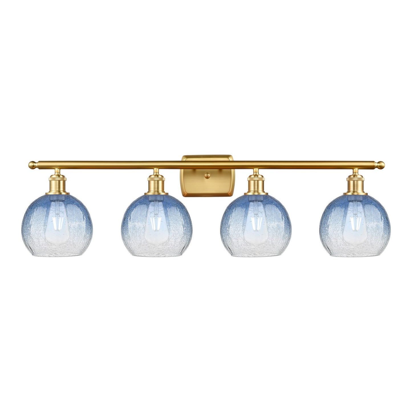 Innovations Brookhaven Globe 38in 4-Light Bath Vanity | Industrial Satin Gold Steel and Sapphire Blue Glass | Bathroom Vanity | Model 516-4W-SG-G483-8SB