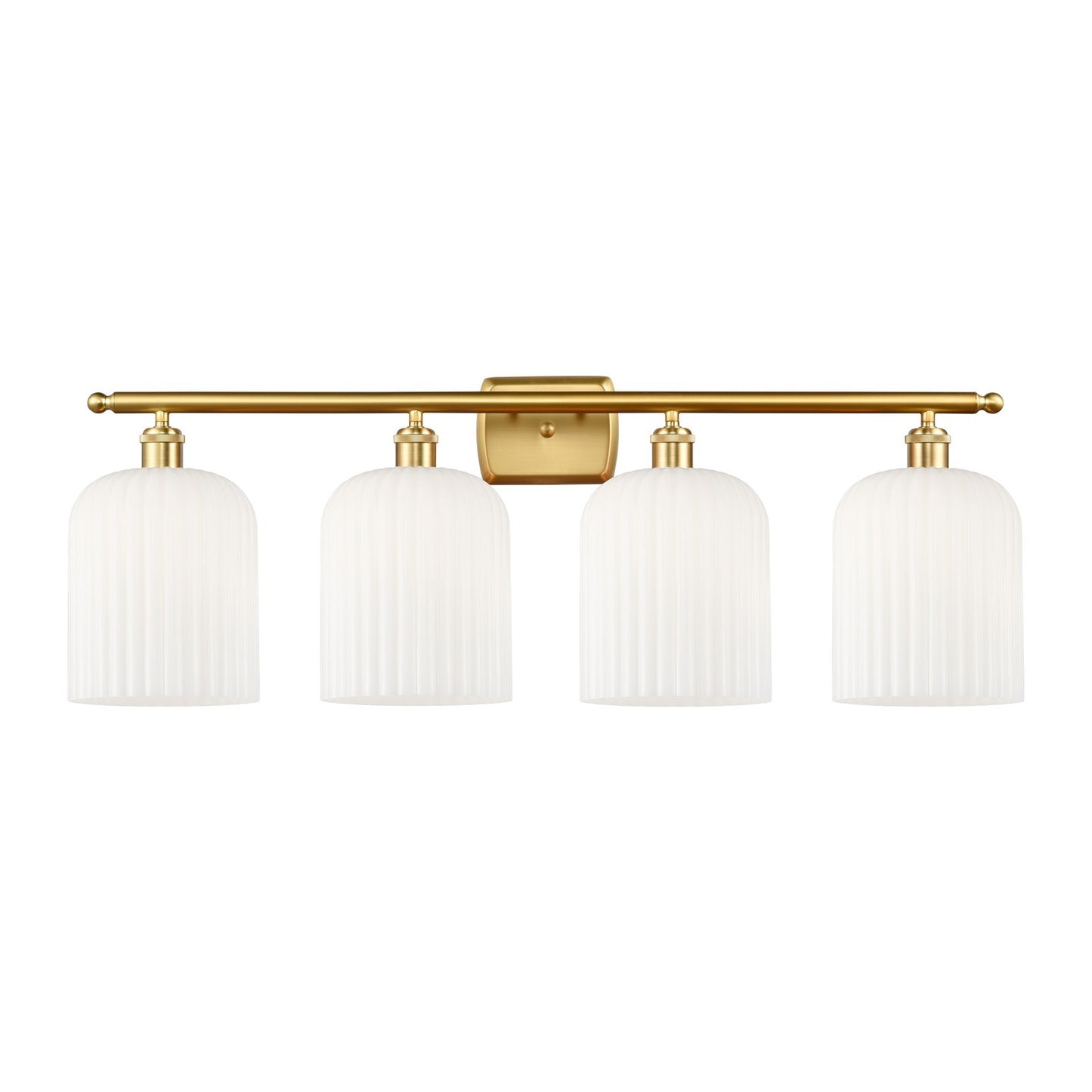 Innovations Bridal Veil 35in 4-Light Bath Vanity | Art Nouveau Satin Gold Steel and Gloss White Ribbed Glass | Bathroom Vanity | Model 516-4W-SG-G559-8GWH