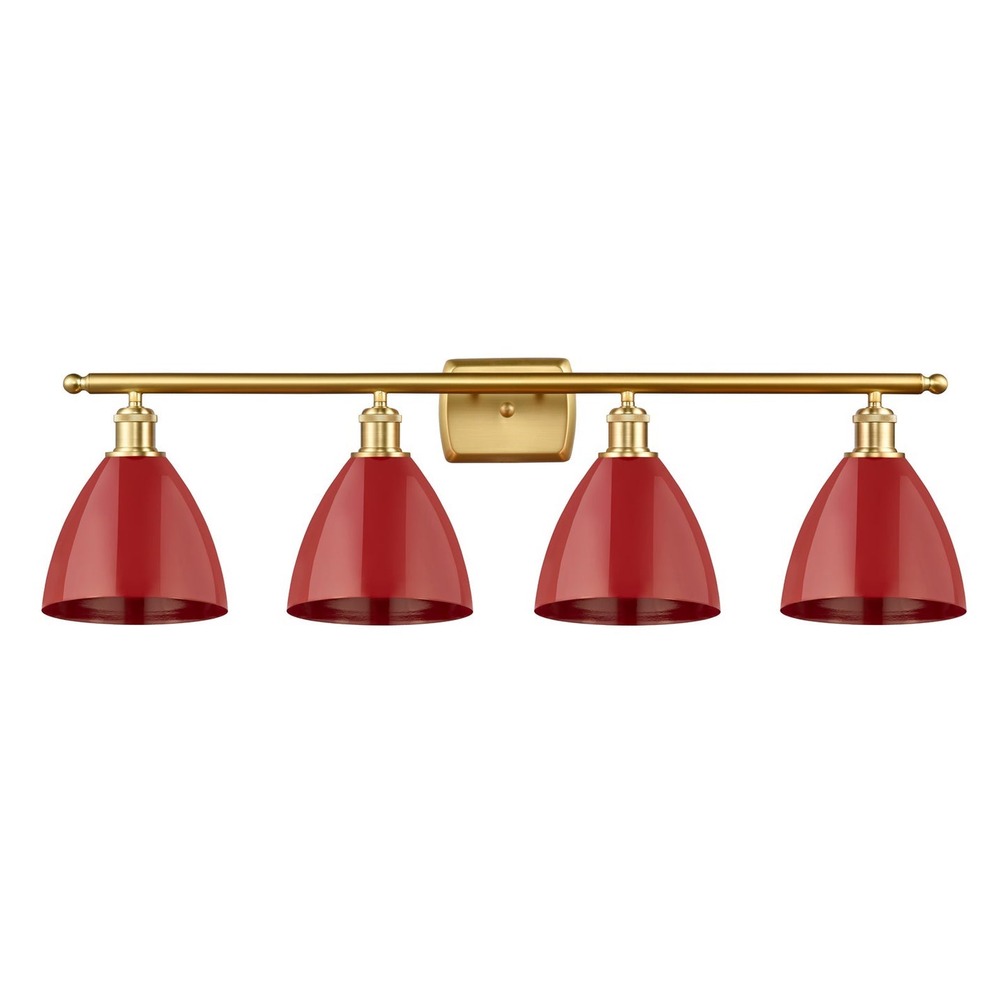 Innovations Plymouth 37.5in 4-Light Bath Vanity | Industrial Farmhouse Satin Gold Steel and Matte Red Metal Shade | Model 516-4W-SG-MBD-75-RD-LED