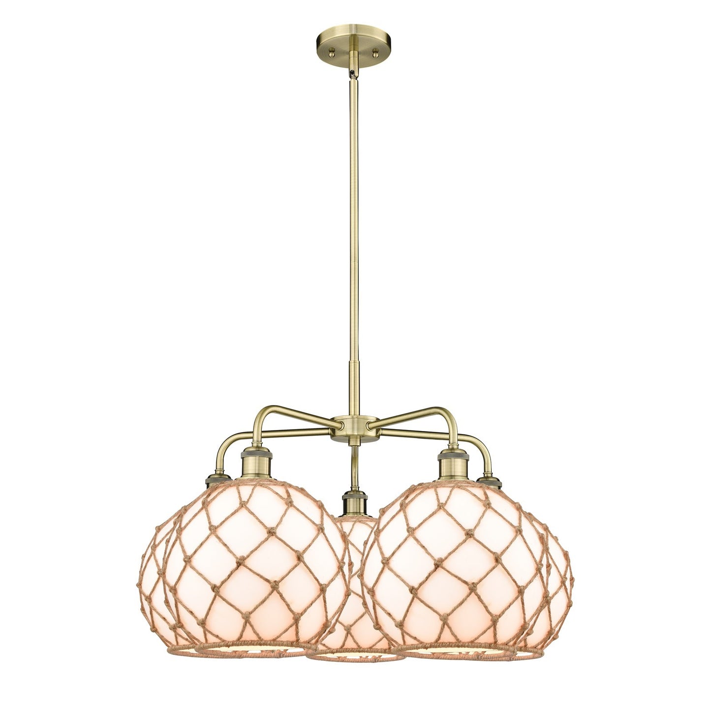Innovations Farmhouse Rope 29in 5-Light Chandelier | Industrial Antique Brass and Matte White Glass with Brown Rope Shade | Model 516-5CR-AB-G121-10RB