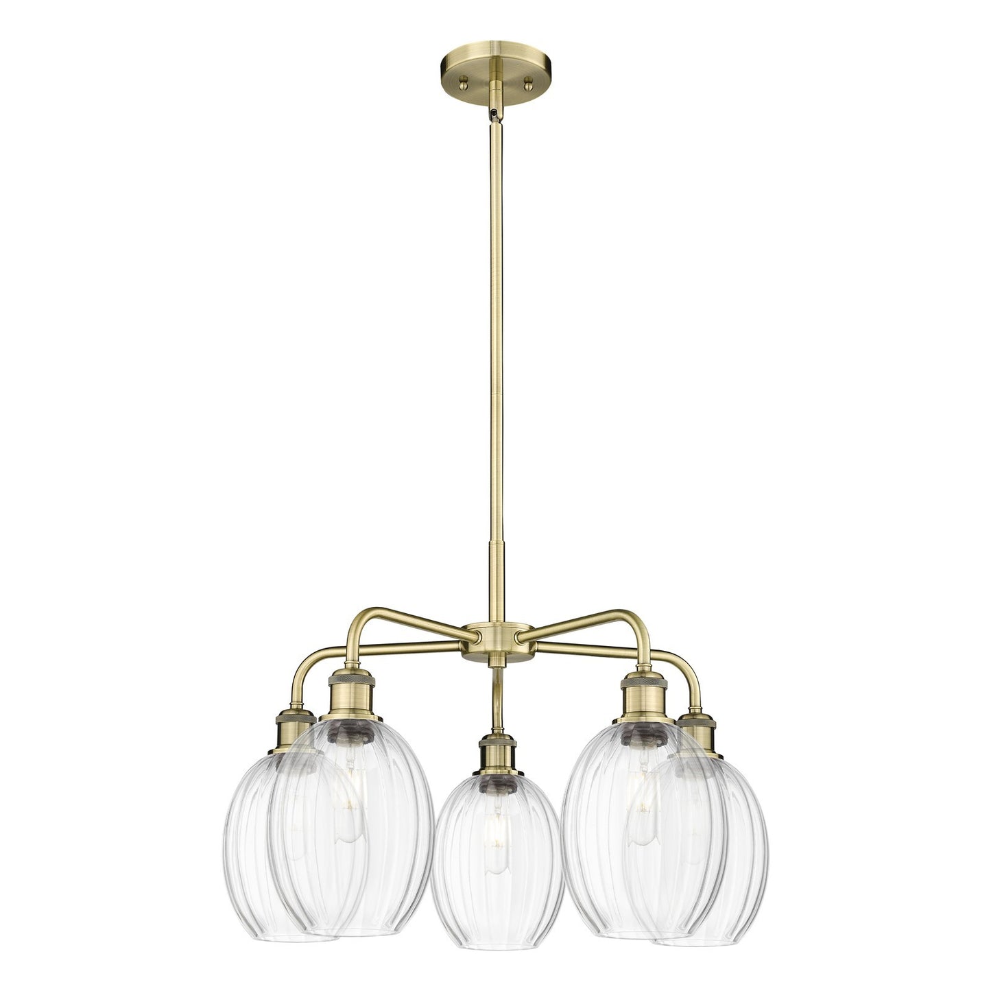 Innovations Preston Bulb 25in 5-Light Chandelier | Industrial Antique Brass and Clear Glass | Kitchen Island & Dining Room | Model 516-5CR-AB-G459-6CL