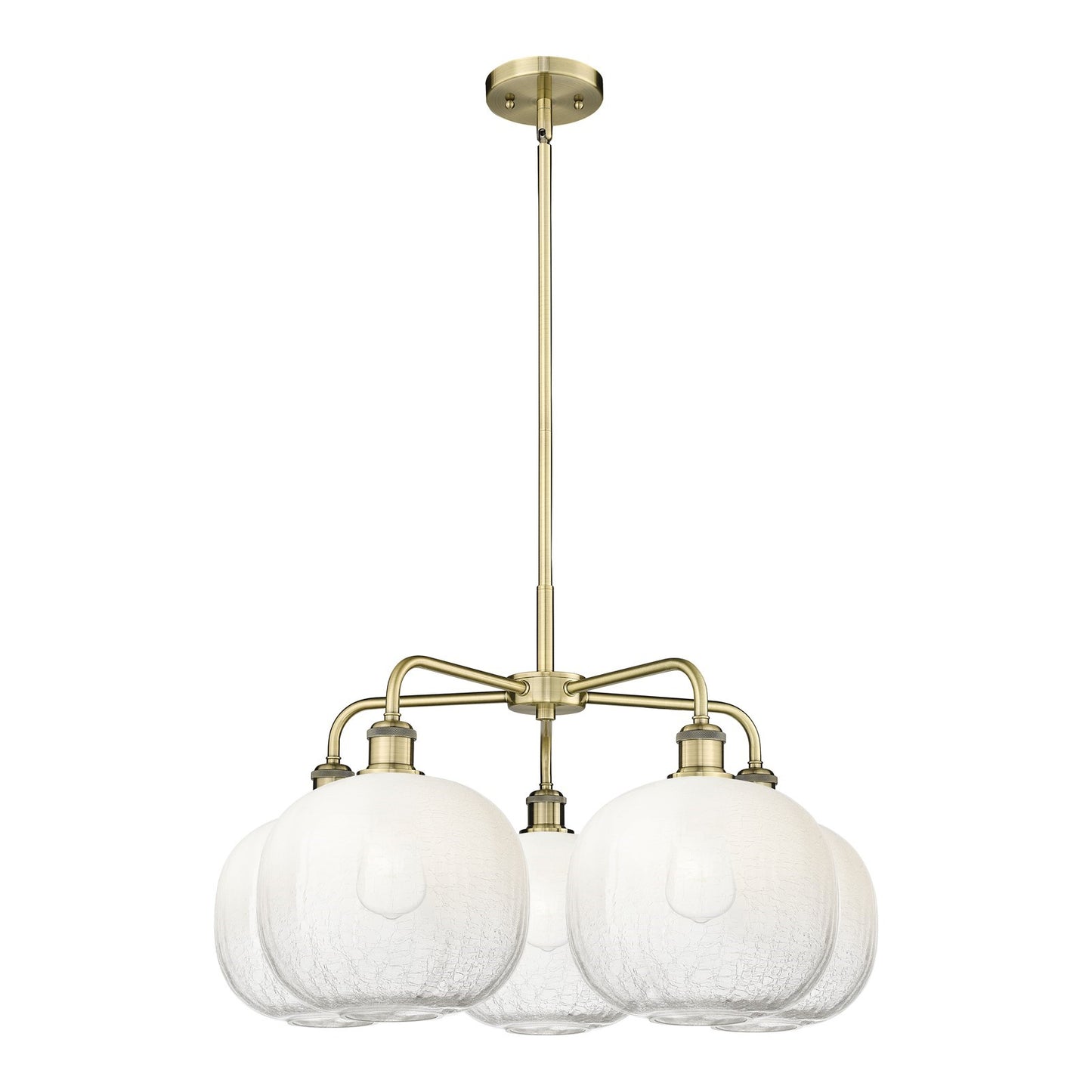Innovations Brookhaven Sphere 29in 5-Light Chandelier | Industrial Antique Brass Steel and Opal Glass | Damp-Rated Dining | Model 516-5CR-AB-G481-10OP