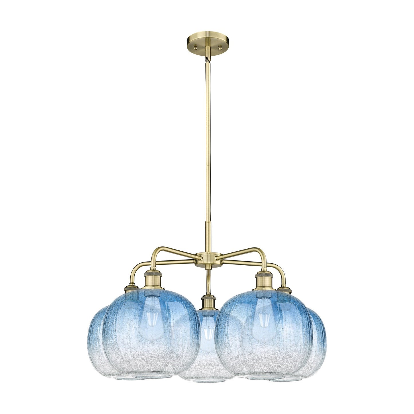 Innovations Brookhaven Sphere 29in 5-Light Chandelier | Industrial Antique Brass and Sapphire Blue Glass | Kitchen Island & | Model 516-5CR-AB-G481-10SB