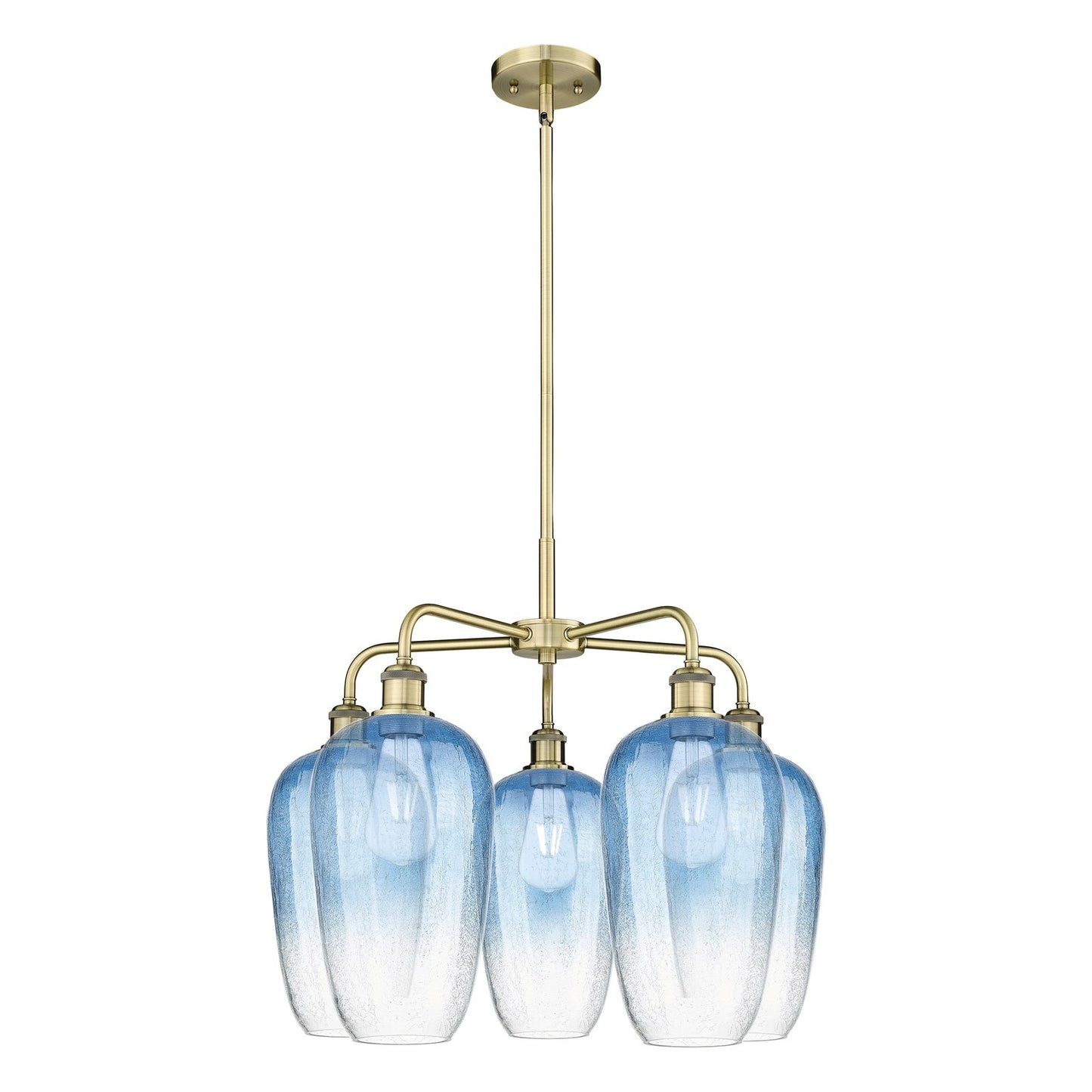 Innovations Brookhaven Flute 26in 5-Light Chandelier | Industrial Antique Brass and Sapphire Blue Glass | Dining Room & Living | Model 516-5CR-AB-G484-7SB