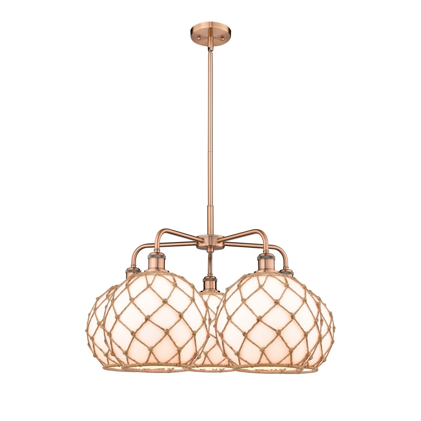 Innovations Farmhouse Rope 29in 5-Light Chandelier | Industrial Antique Copper Steel and Matte White Glass with Brown Rope | Model 516-5CR-AC-G121-10RB