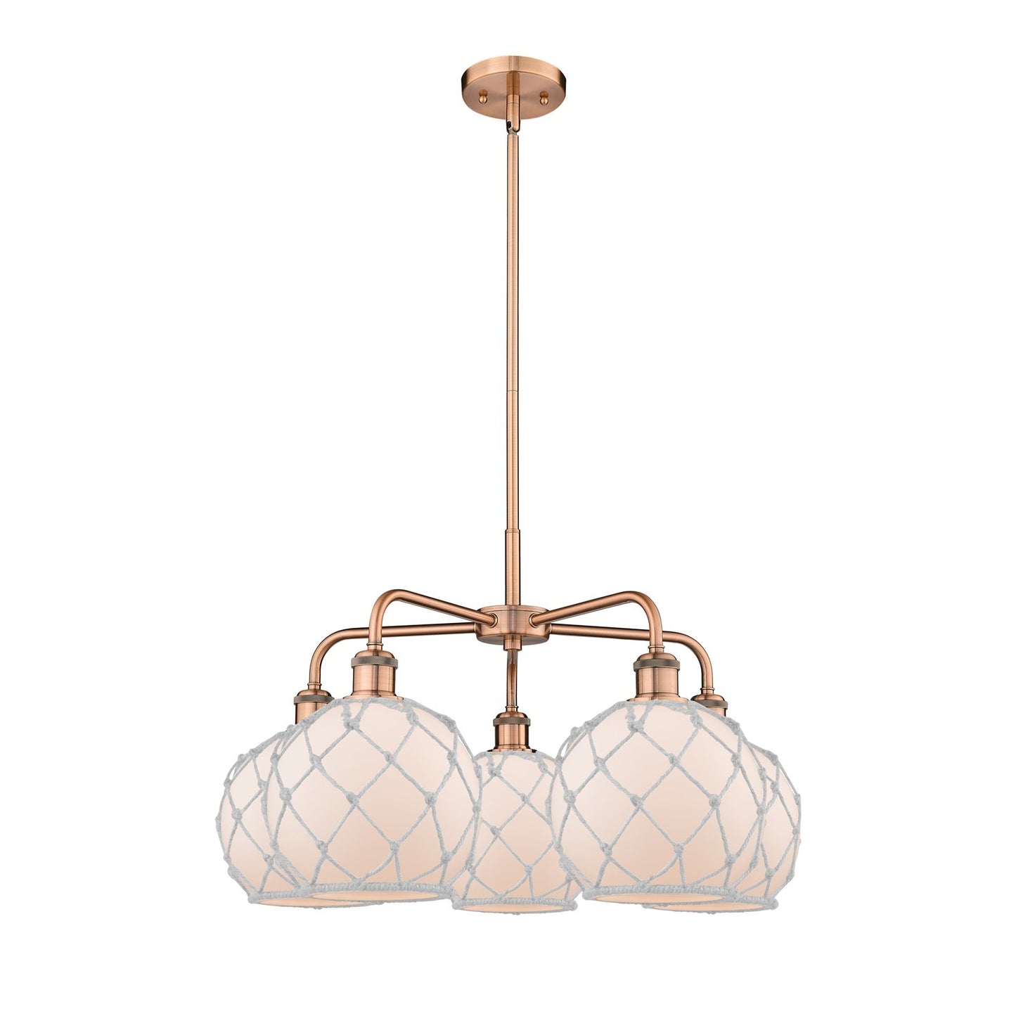 Innovations Farmhouse Rope 27in 5-Light Chandelier | Industrial Antique Copper and White Frosted Glass with Rope | Dining Room | Model 516-5CR-AC-G121-8RW
