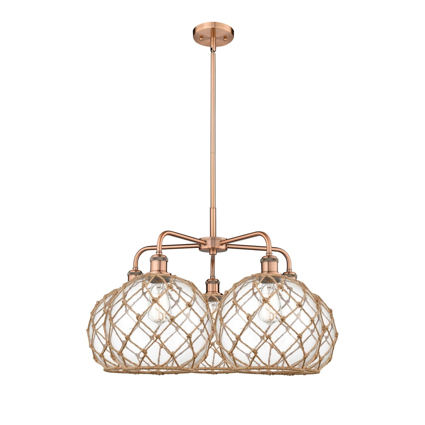 Innovations Farmhouse Rope 29in 5-Light Chandelier | Industrial Antique Copper and Clear Glass | Kitchen Island & Dining Room | Model 516-5CR-AC-G122-10RB