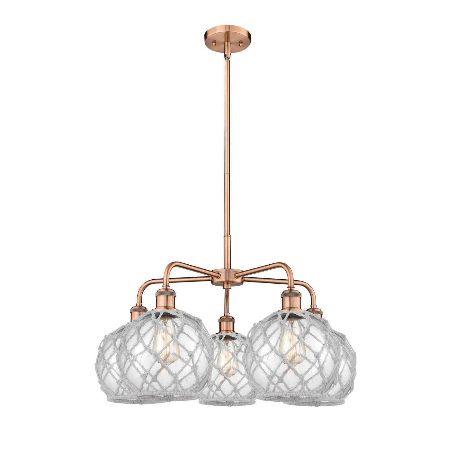 Innovations Farmhouse Rope 27in 5-Light Chandelier | Industrial Antique Copper and Clear Glass with White Rope Shade | Dining | Model 516-5CR-AC-G122-8RW