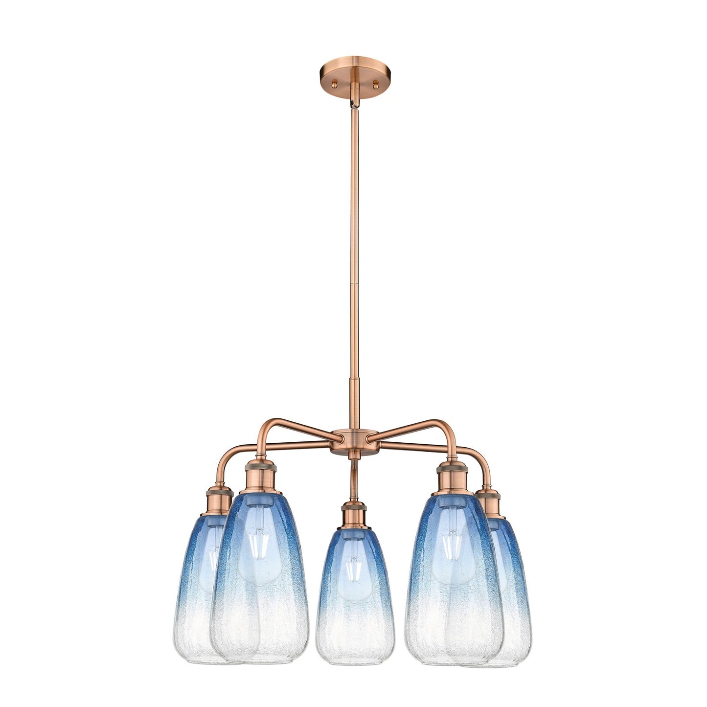 Innovations Brookhaven Almond 25in 5-Light Chandelier | Industrial Antique Copper Steel and Sapphire Blue Glass | Kitchen | Model 516-5CR-AC-G480-6SB