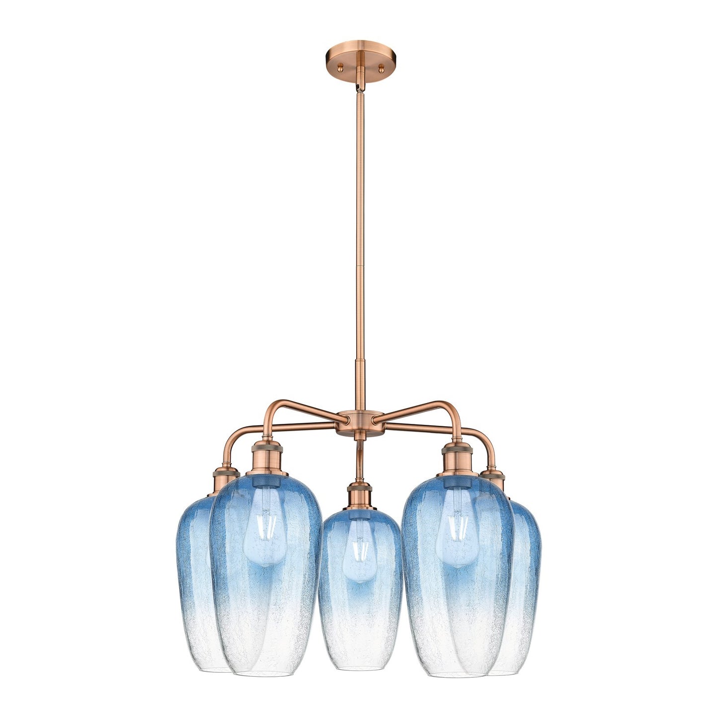 Innovations Brookhaven Flute 26in 5-Light Chandelier | Industrial Antique Copper Steel and Sapphire Blue Glass | Kitchen | Model 516-5CR-AC-G484-7SB