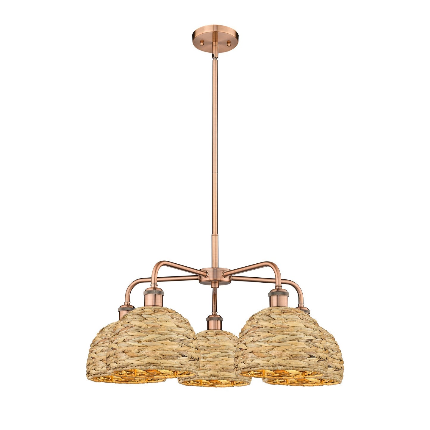 Innovations Woven Rattan 27in 5-Light Chandelier | Industrial Antique Copper and Natural Fiber | Dining Room & Living Room | Model 516-5CR-AC-RBD-8-NAT