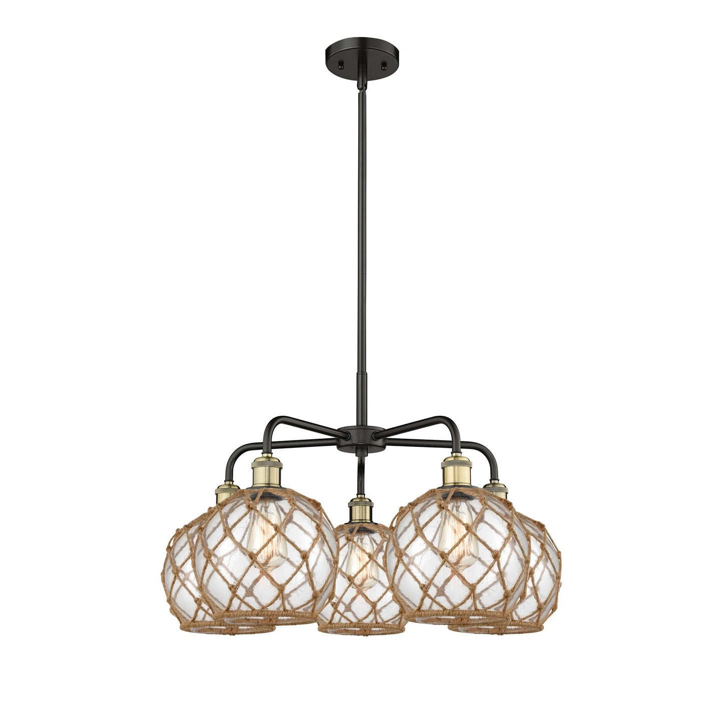 Innovations Farmhouse Rope 27in 5-Light Chandelier | Industrial Black Antique Brass and Clear Glass Brown Rope | Dining Room | Model 516-5CR-BAB-G122-8RB