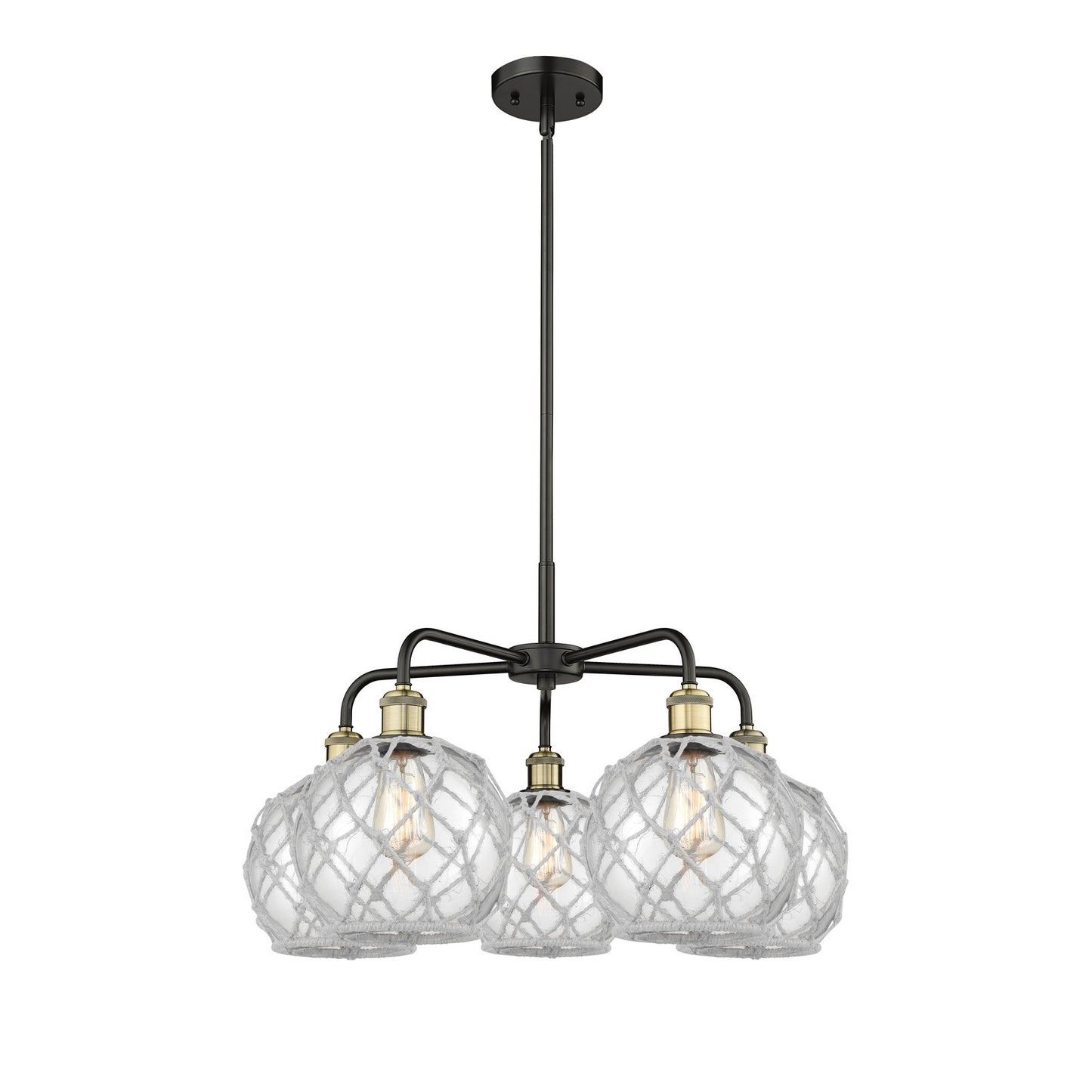 Innovations Farmhouse Rope 27in 5-Light Chandelier | Industrial Black Antique Brass and Clear Glass with White Rope | Dining | Model 516-5CR-BAB-G122-8RW