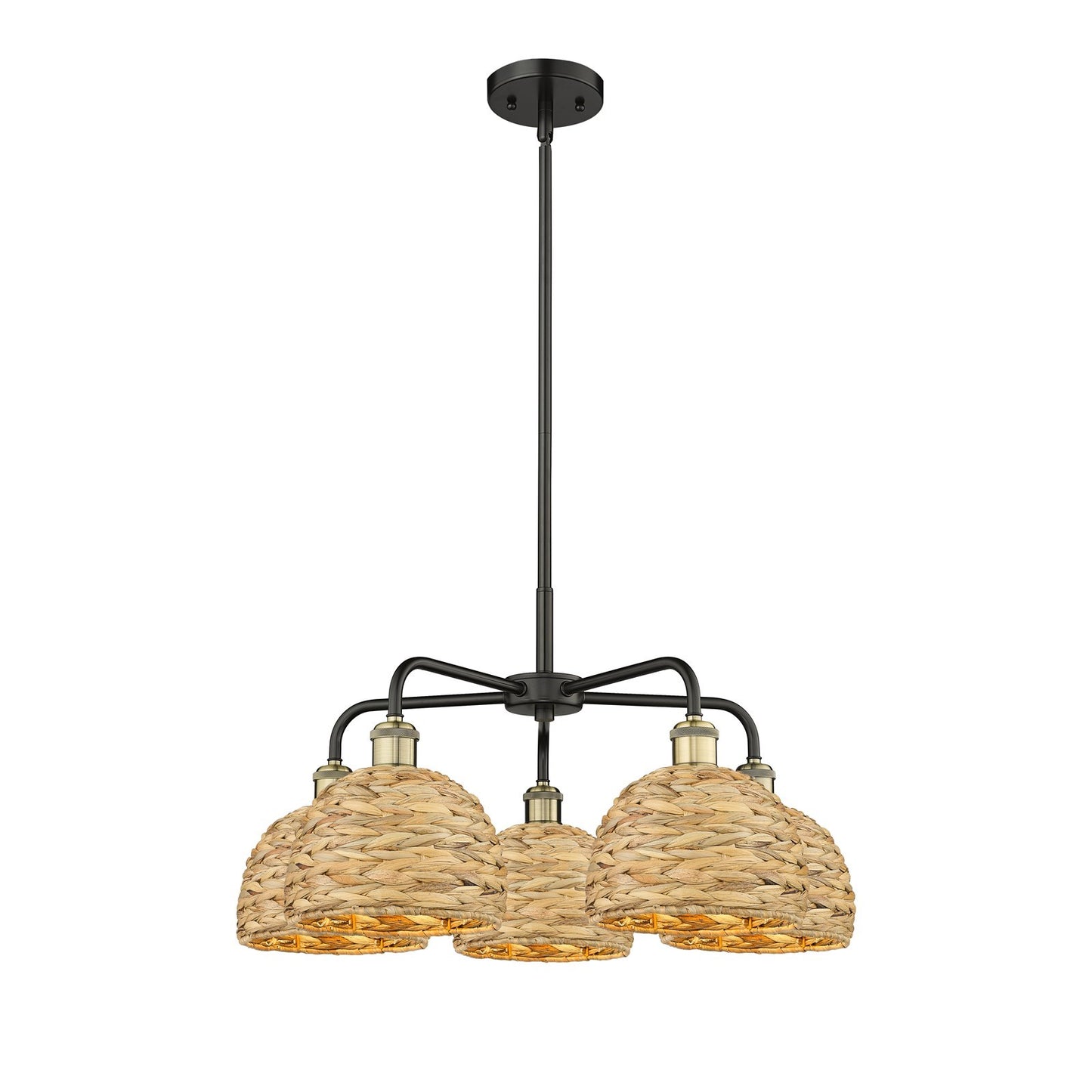 Innovations Ballston 27in 5-Light Chandelier | Industrial Black Antique Brass and Natural Rattan | Dining Room & Living Room | Model 516-5CR-BAB-RBD-8-NAT