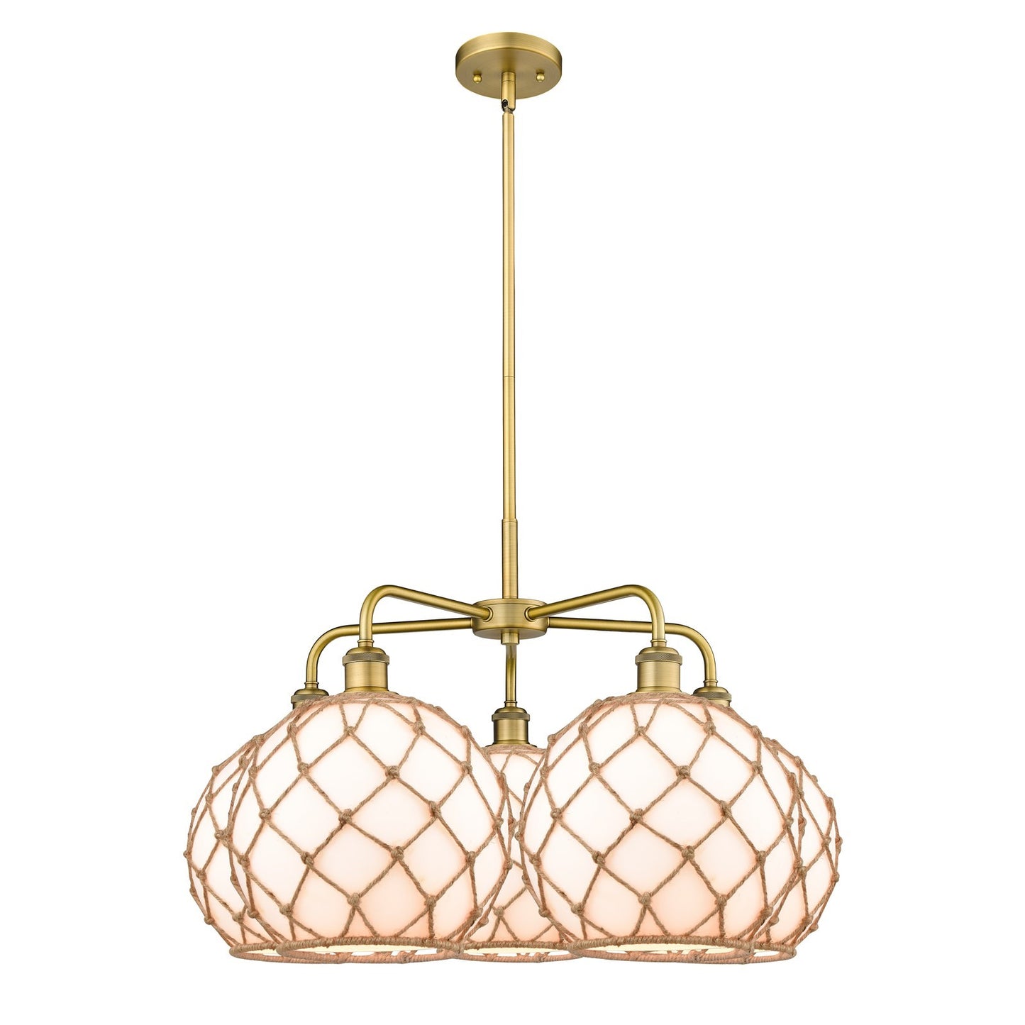 Innovations Farmhouse Rope 29in 5-Light Chandelier | Industrial Brushed Brass Steel and Matte White Glass with Brown Rope | Model 516-5CR-BB-G121-10RB