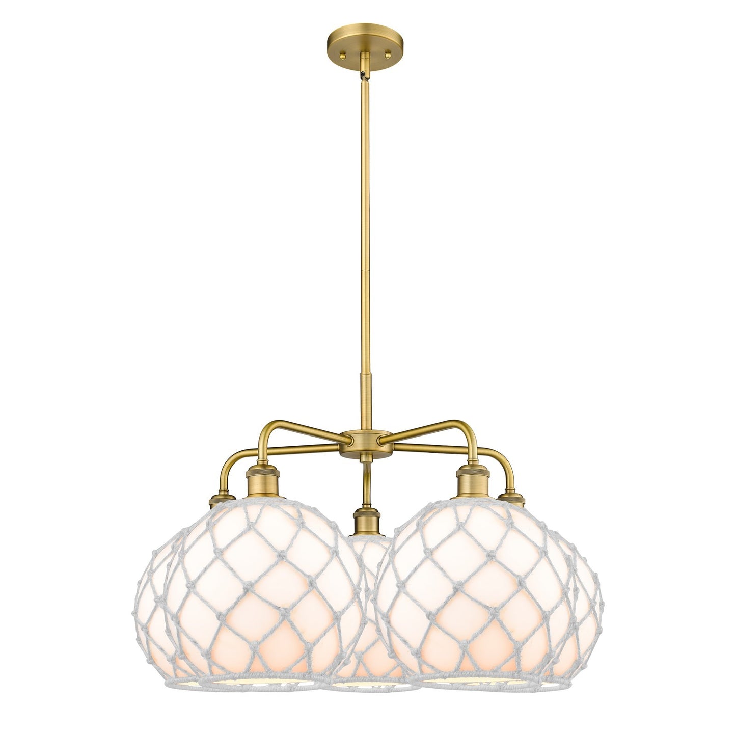 Innovations Farmhouse Rope 29in 5-Light Chandelier | Industrial Brushed Brass Steel and White Glass with White Rope | Kitchen | Model 516-5CR-BB-G121-10RW