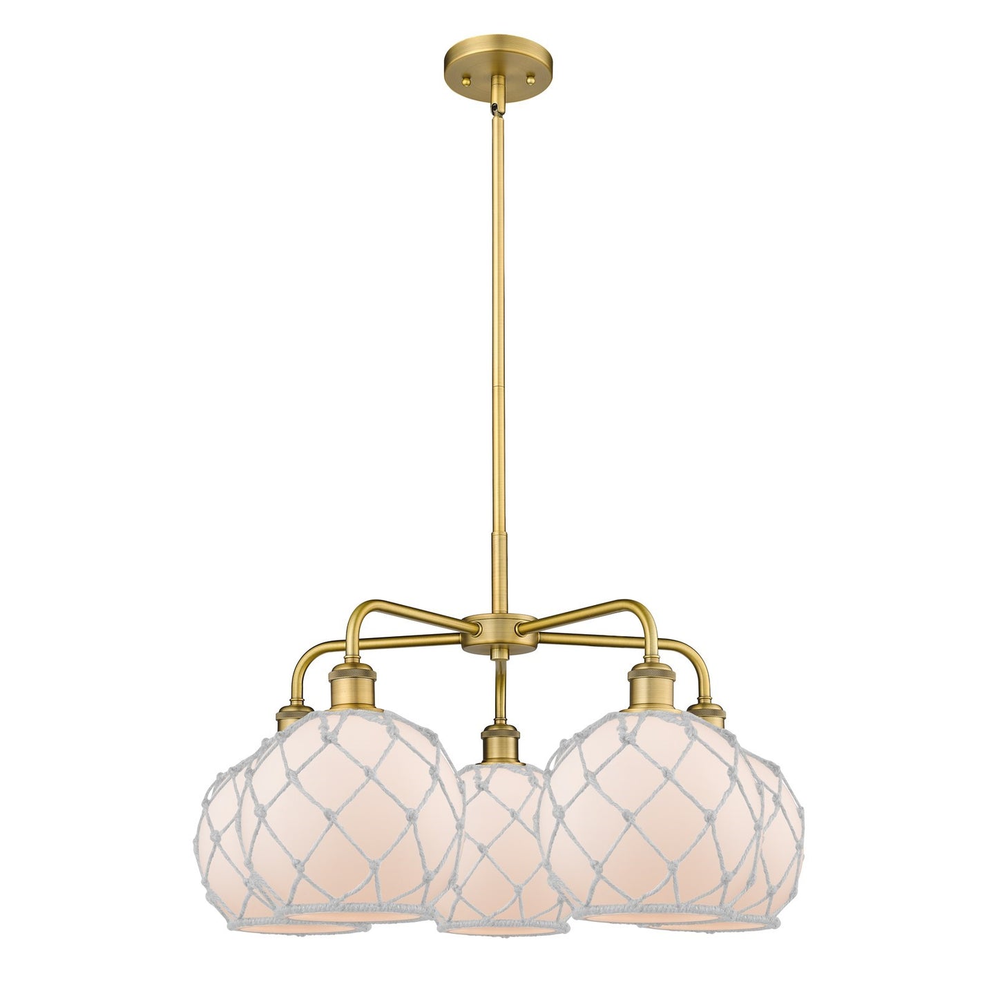 Innovations Farmhouse Rope 27in 5-Light Chandelier | Industrial Brushed Brass Steel and White Frosted Glass with Rope | Model 516-5CR-BB-G121-8RW