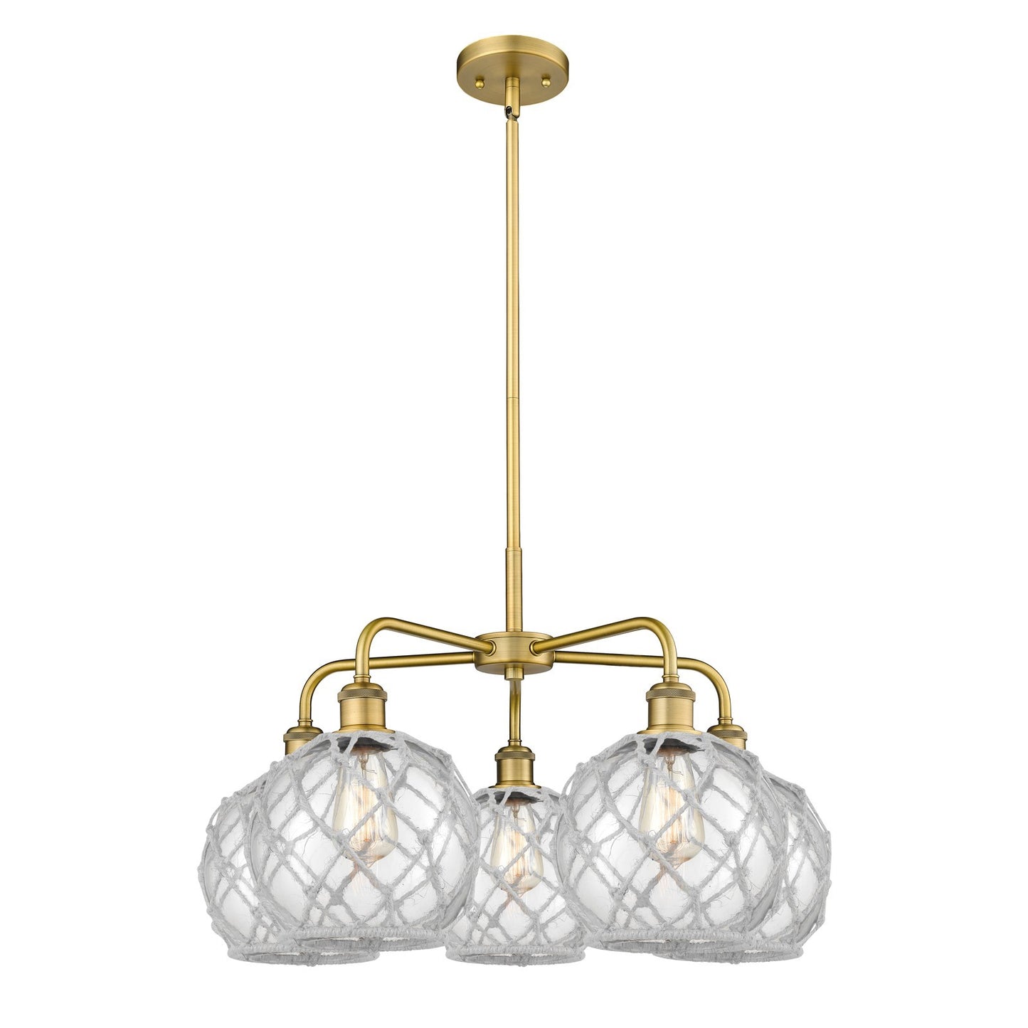 Innovations Farmhouse Rope 27in 5-Light Chandelier | Industrial Brushed Brass and Clear Glass with White Rope | Dining Room & | Model 516-5CR-BB-G122-8RW