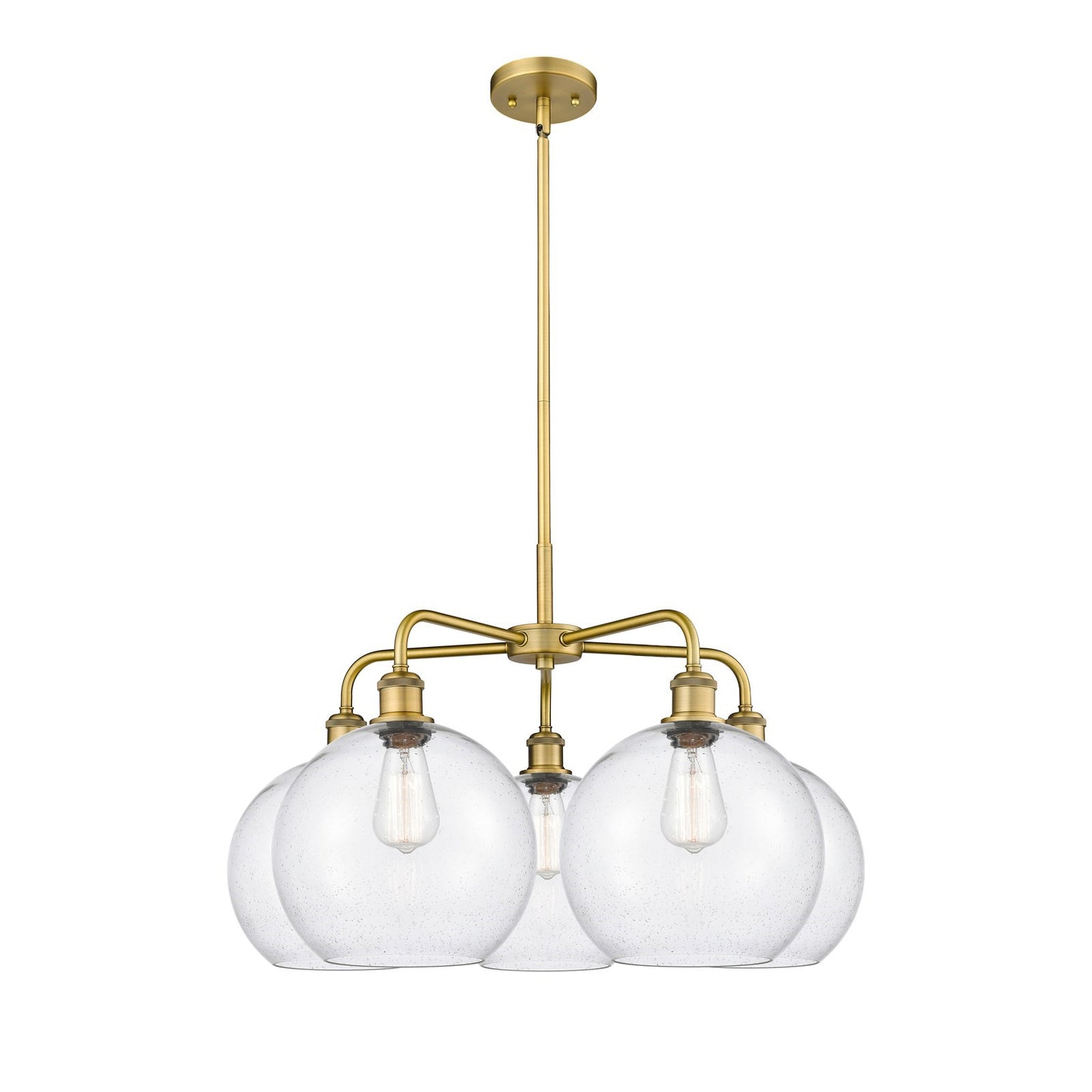Innovations Athens 28in 5-Light Chandelier | Industrial Brushed Brass Steel and Seedy Glass | Dining Room & Living Room | 28 x | Model 516-5CR-BB-G124-10