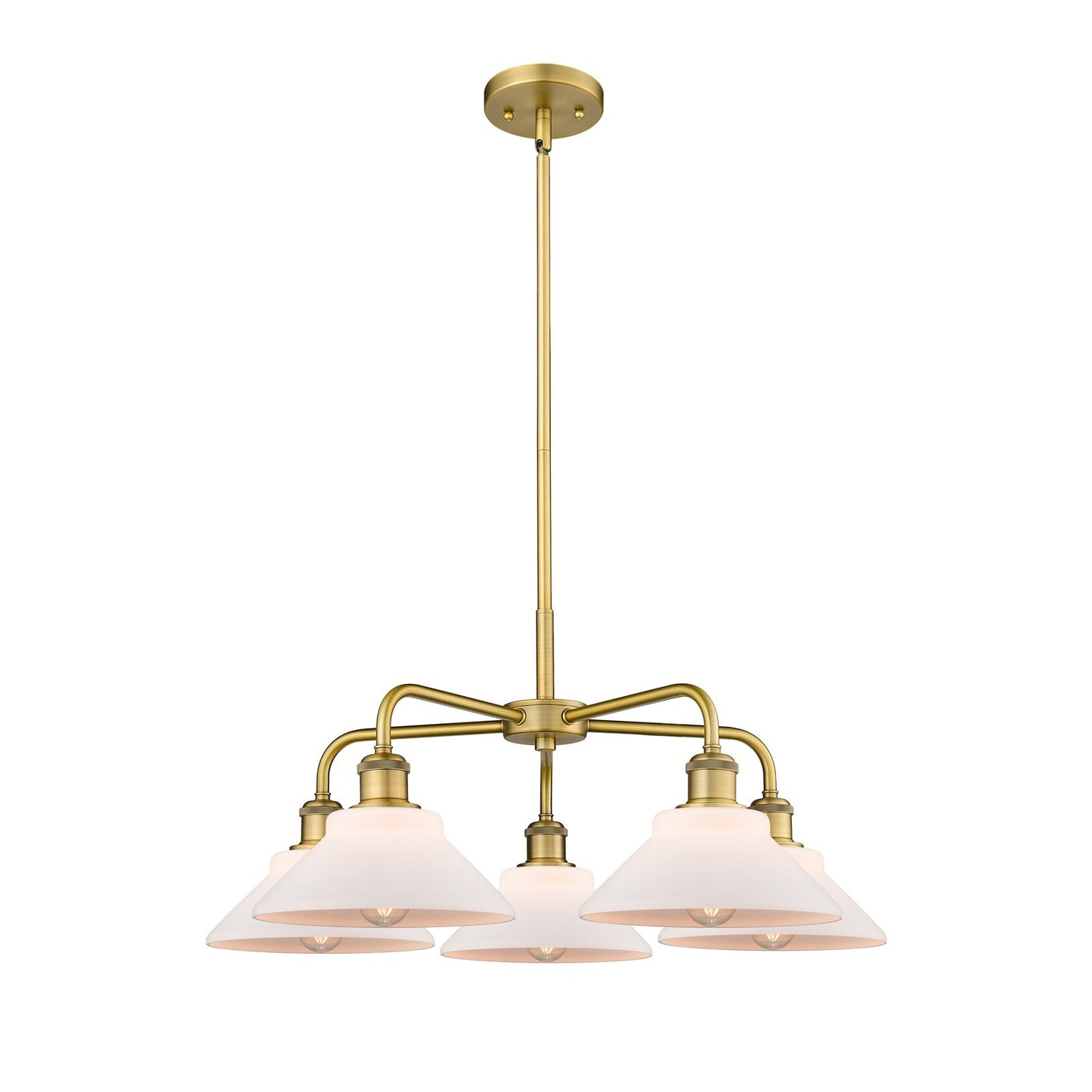 Innovations Orwell 26in 5-Light Chandelier | Industrial Brushed Brass and Matte White Glass | Kitchen Island & Dining Room | 26.38 | Model 516-5CR-BB-G131